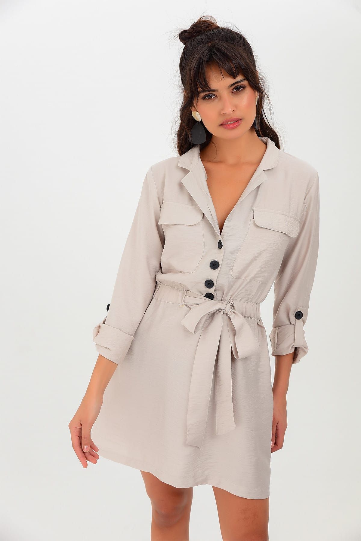 Cool & Sexy Kadın Taş Düğmeli Elbise SF11151