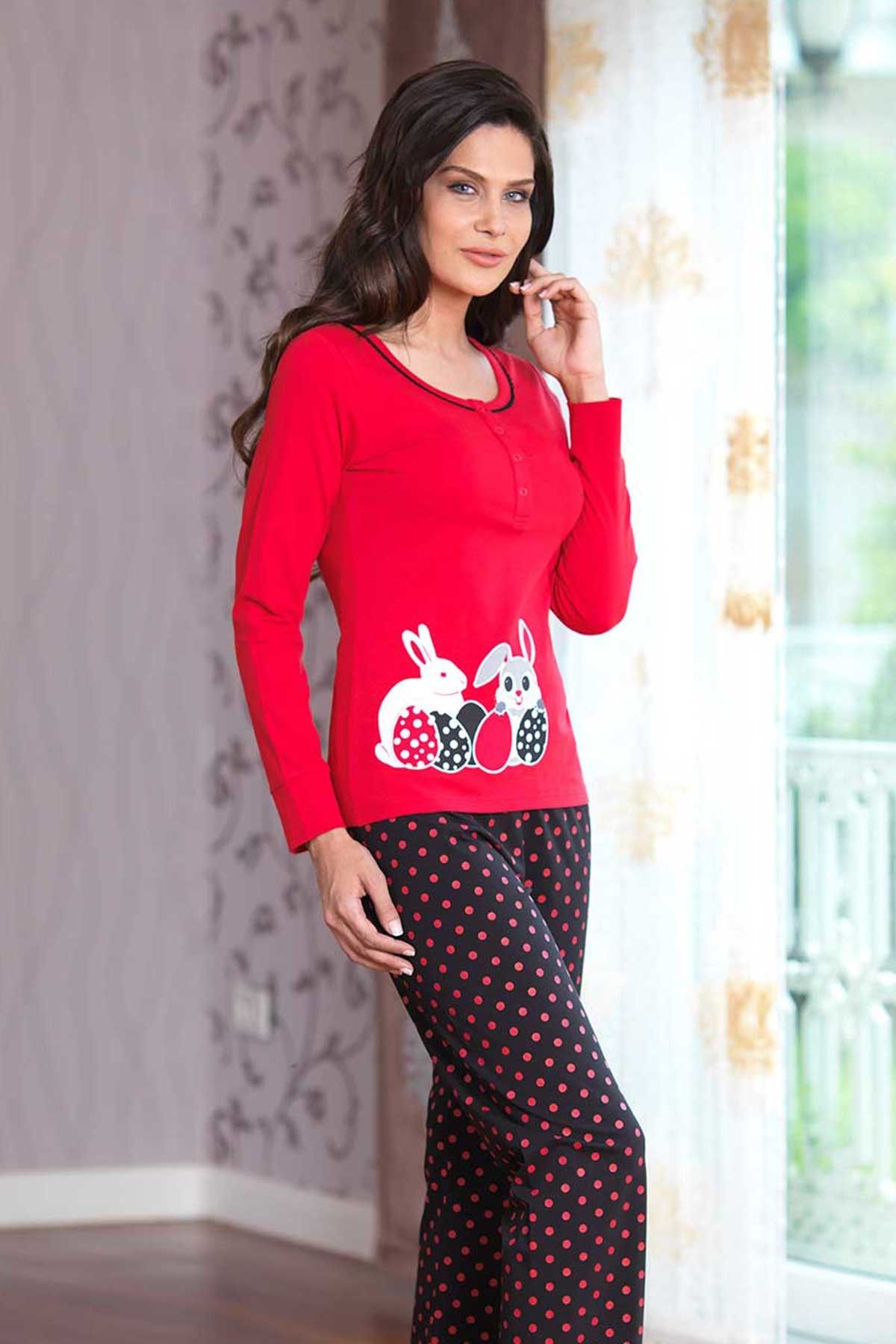 Şahinler Kadın Kırmızı Düğmeli Pijama Takımı Mbp23029-1
