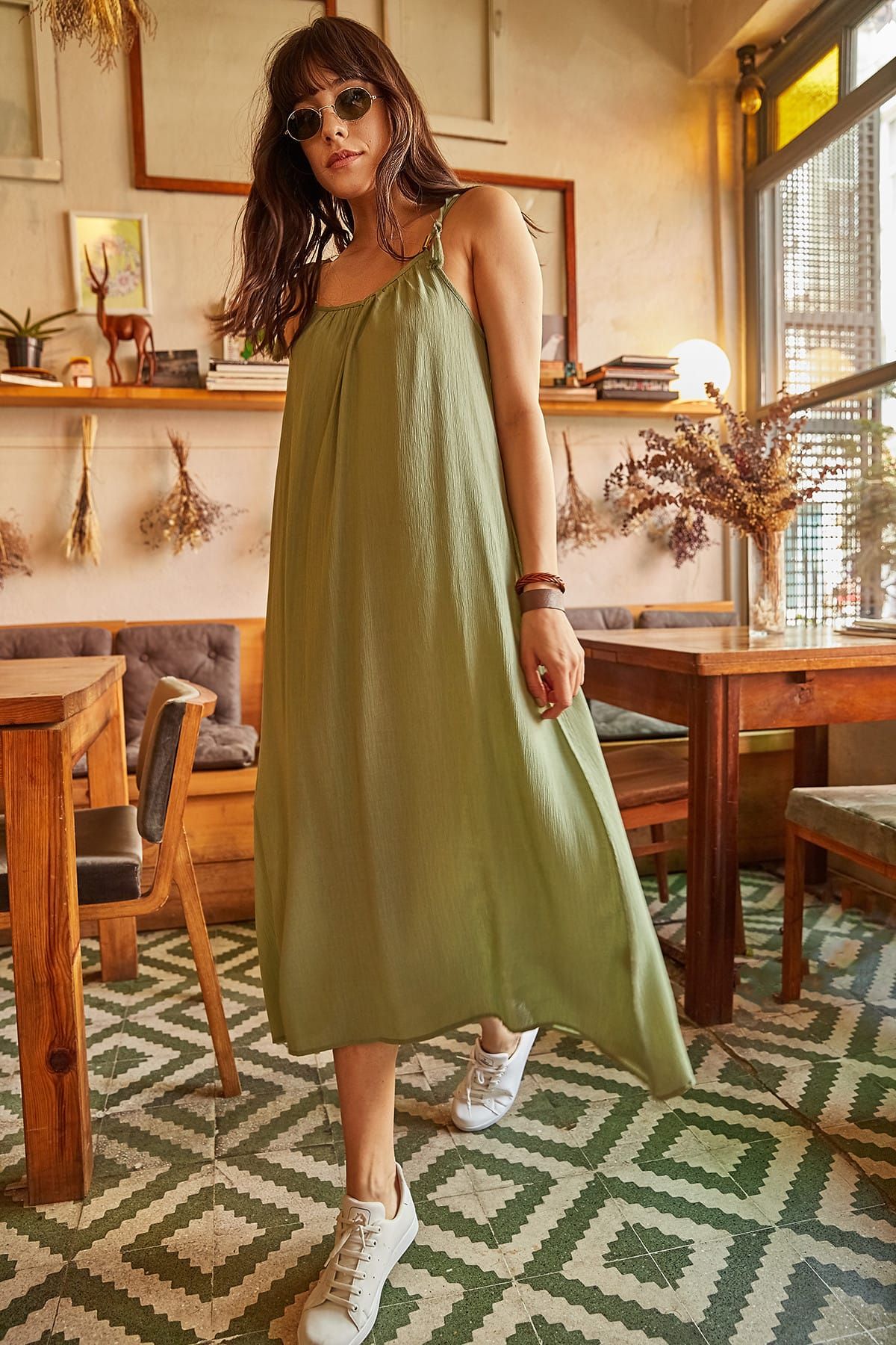Olalook Kadın Çağla Yeşili Omuzu Bağlamalı Salaş Elbise ELB-19000368