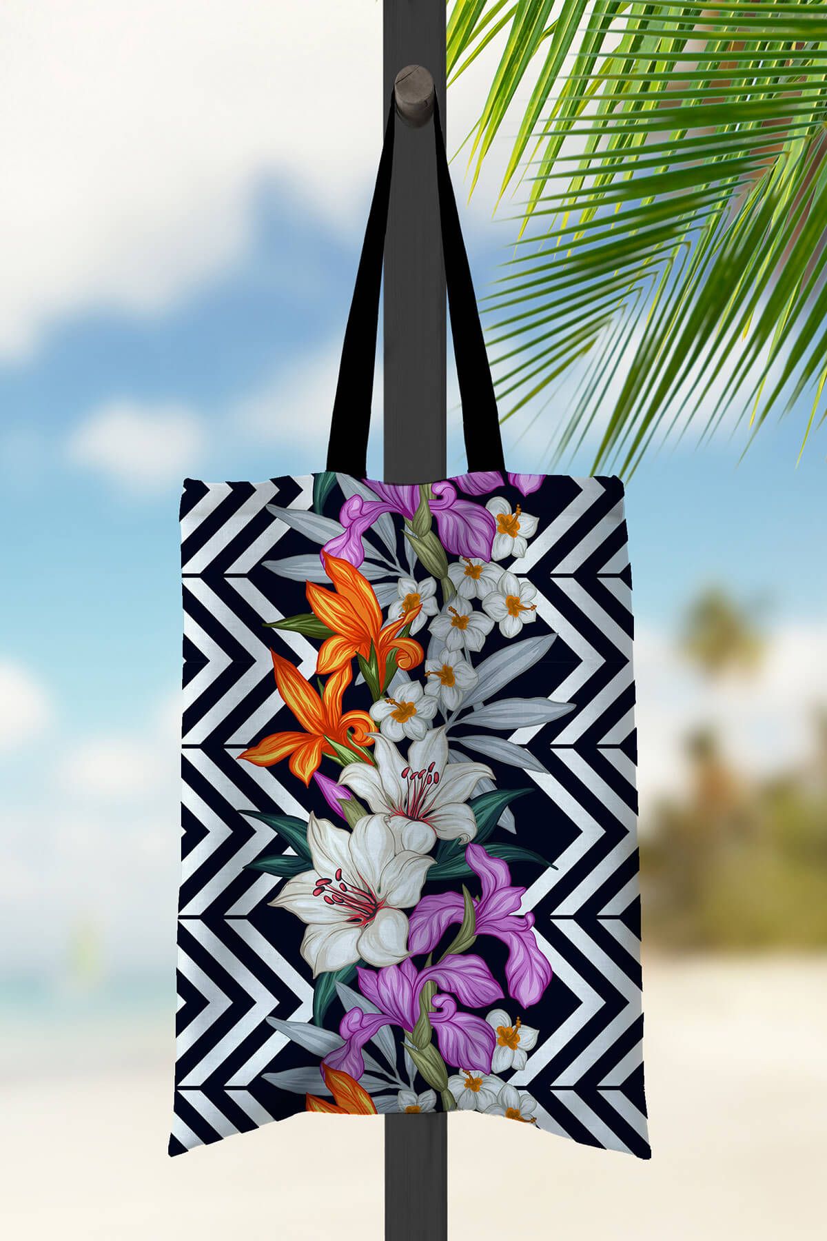 Kate Louise Dijital Baskı Plaj Çantası-Striped Flower