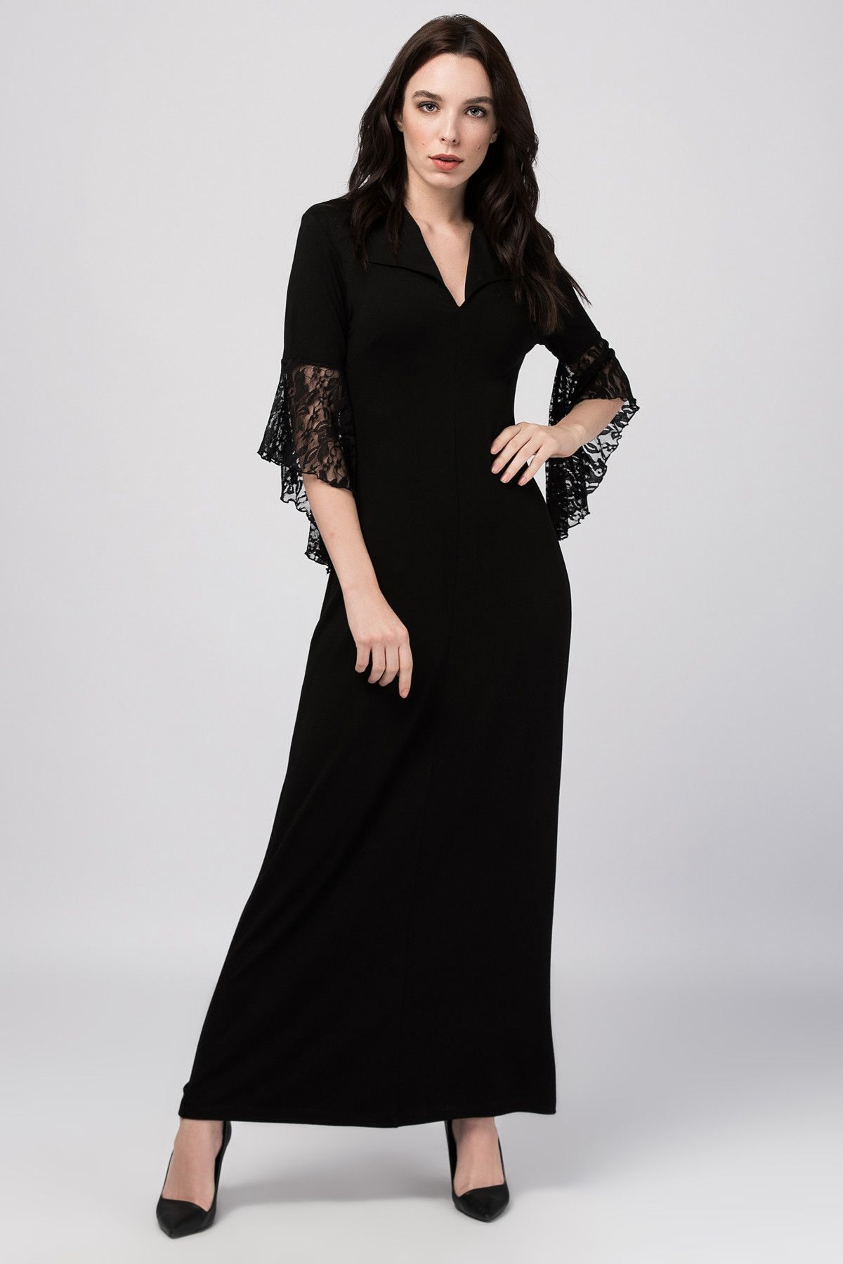 Laranor Kadın Siyah Kolda Dantel Detaylı Gömlek Yaka Elbise 18L6227