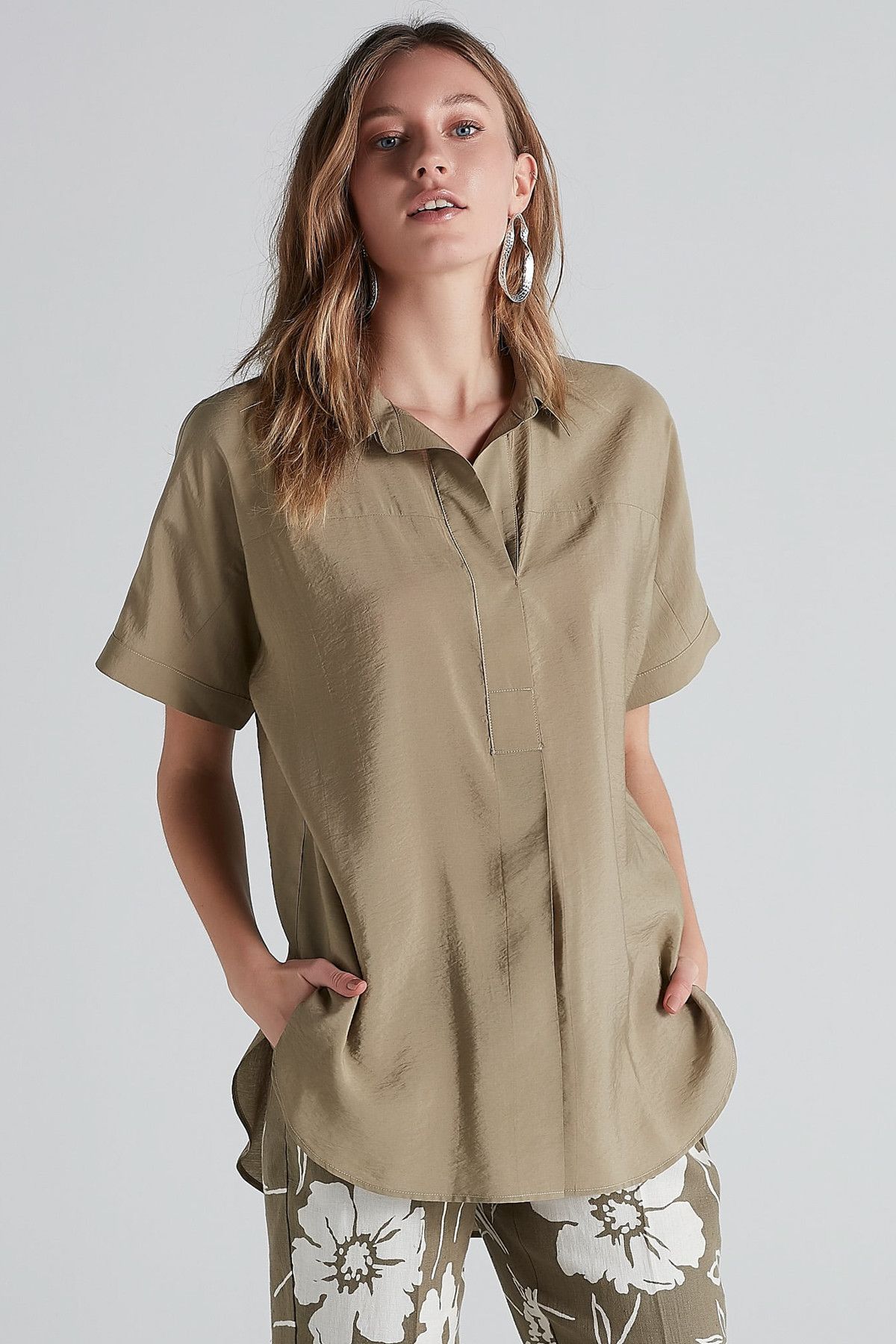 İpekyol Kadın Haki Düşük Kol Gömlek Yaka Bluz IS1180006267