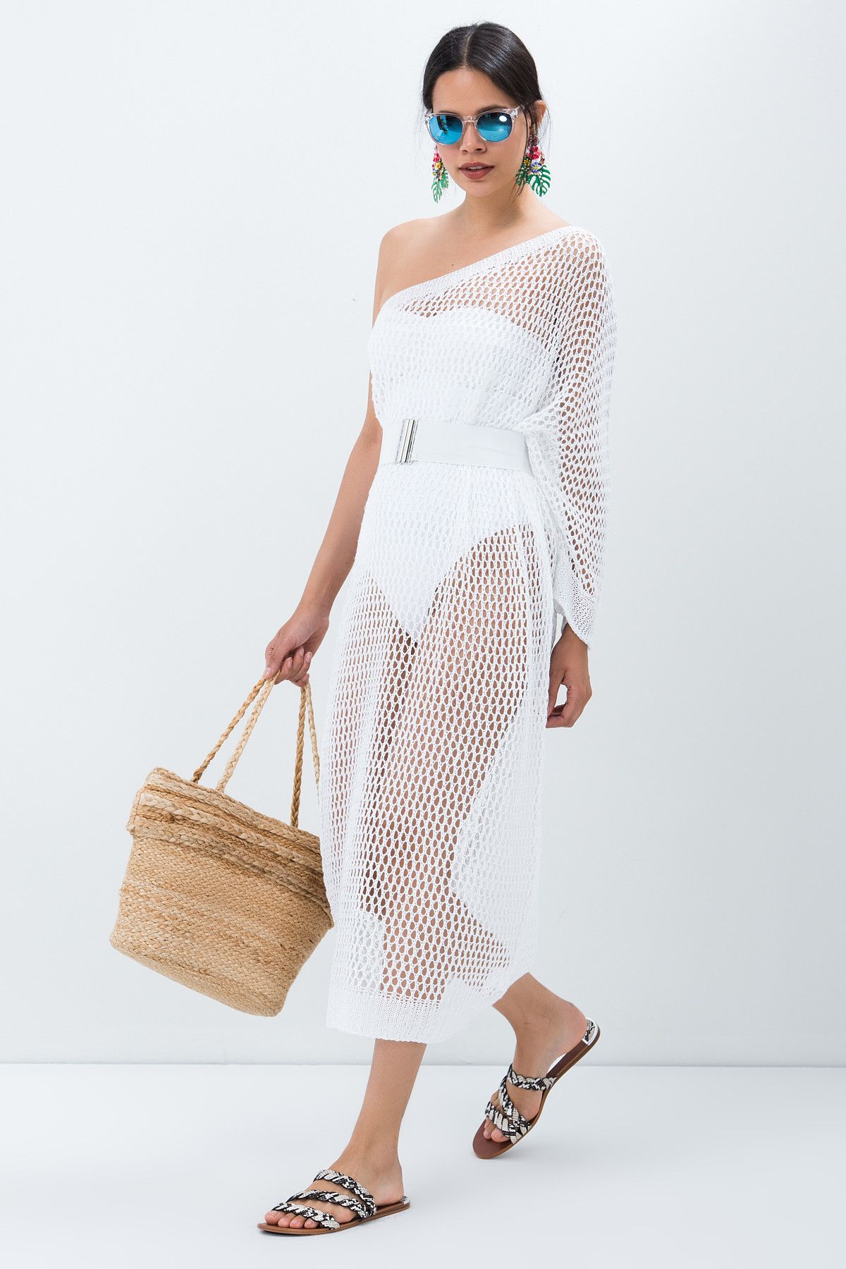 Cool & Sexy Kadın Beyaz Tek Omuz Plaj Elbisesi SMT31