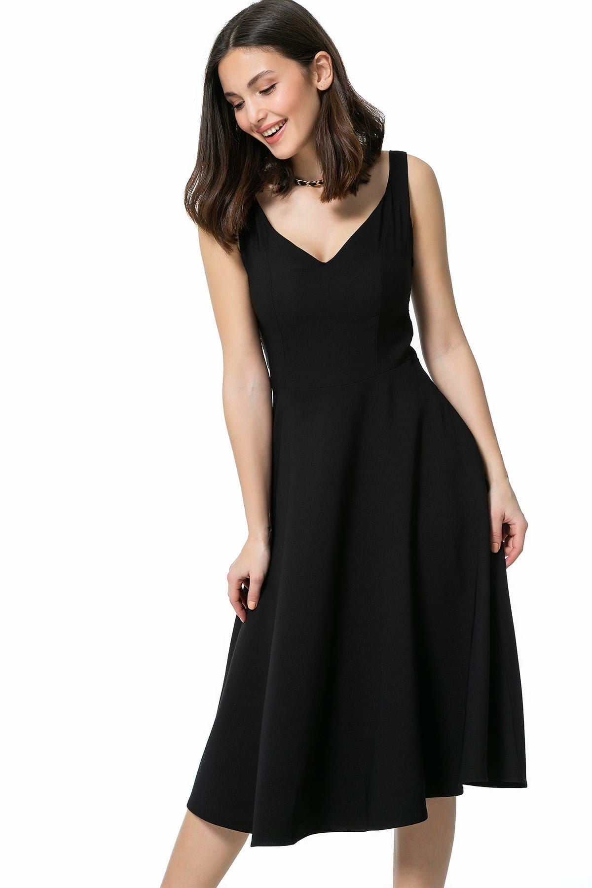 Sateen Kadın Siyah Midi Kalın Askılı Krep Elbise 9YEL569K119 9YEL569K119
