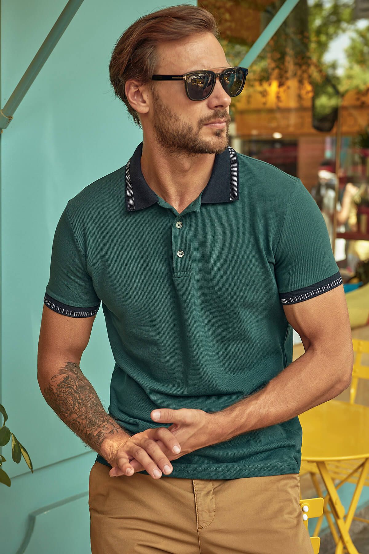 TRENDYOL MAN Yeşil Erkek Pamuk T-Shirt - Polo Yaka Kolu Şerit Detaylı