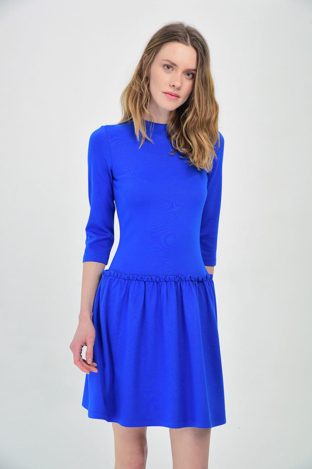 Hanna's Kadın Mavi Fırfır Detaylı Uzun Kollu Örme Elbise Hn1303