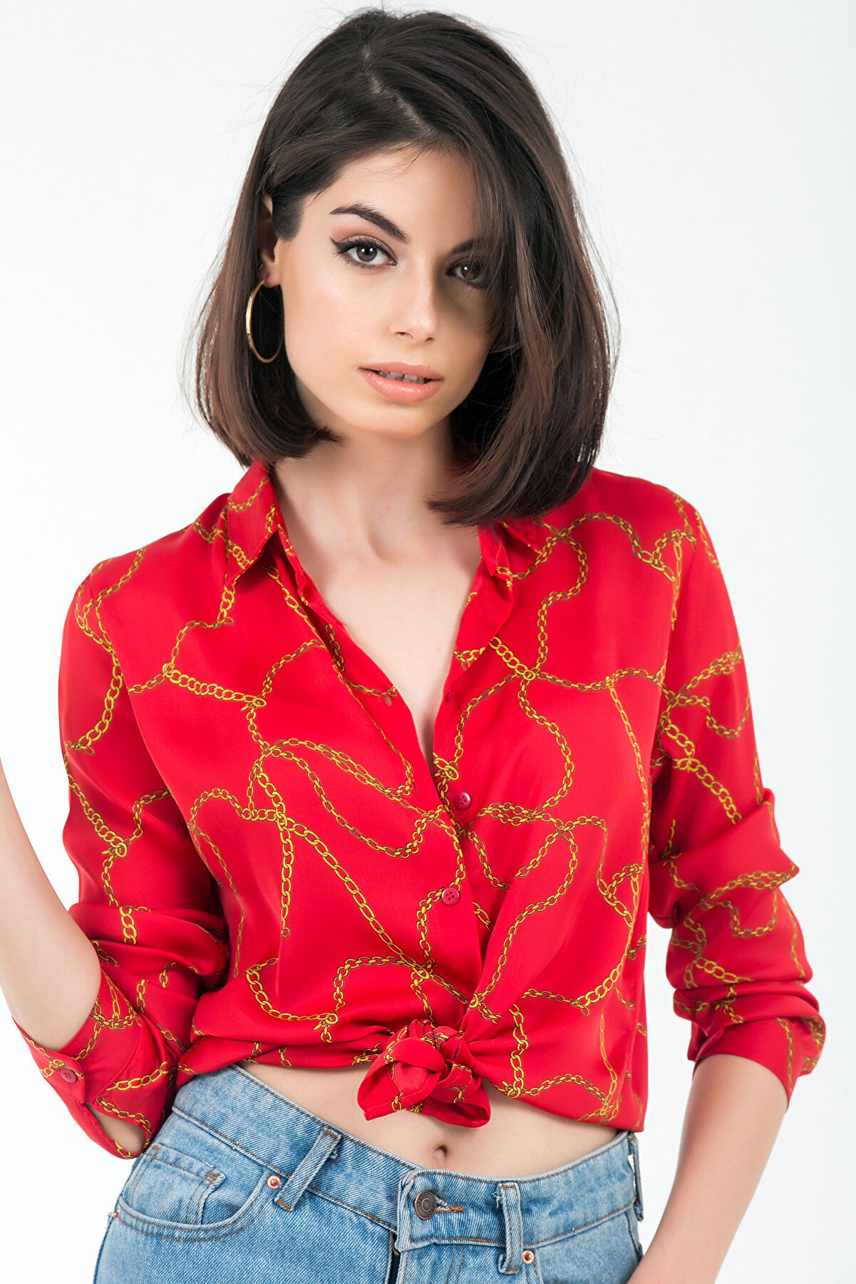 By Saygı Kadın Kırmızı Zincir Desen Saten Gömlek S-19K1010140