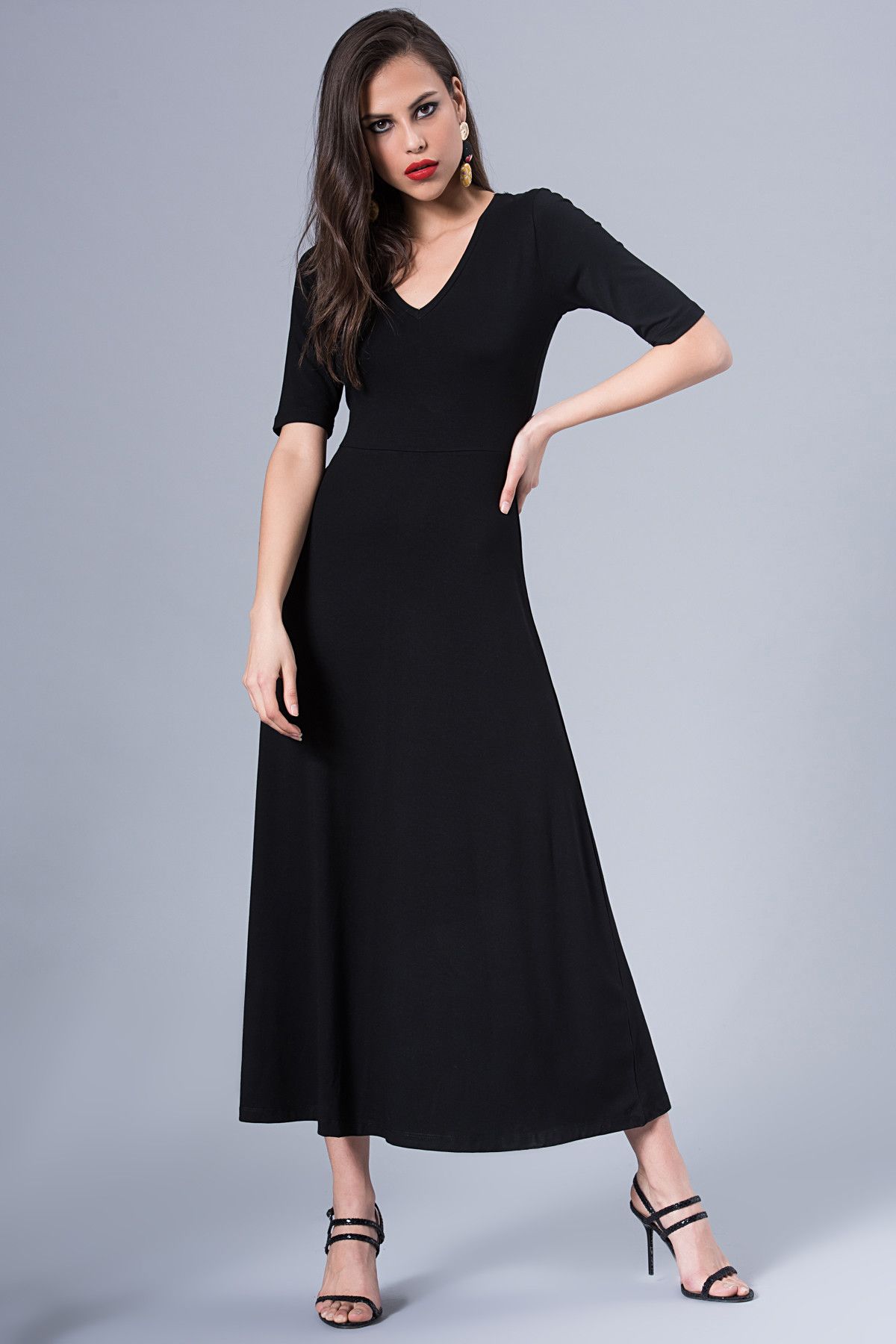 Cool & Sexy Kadın Siyah V Yaka Elbise M501