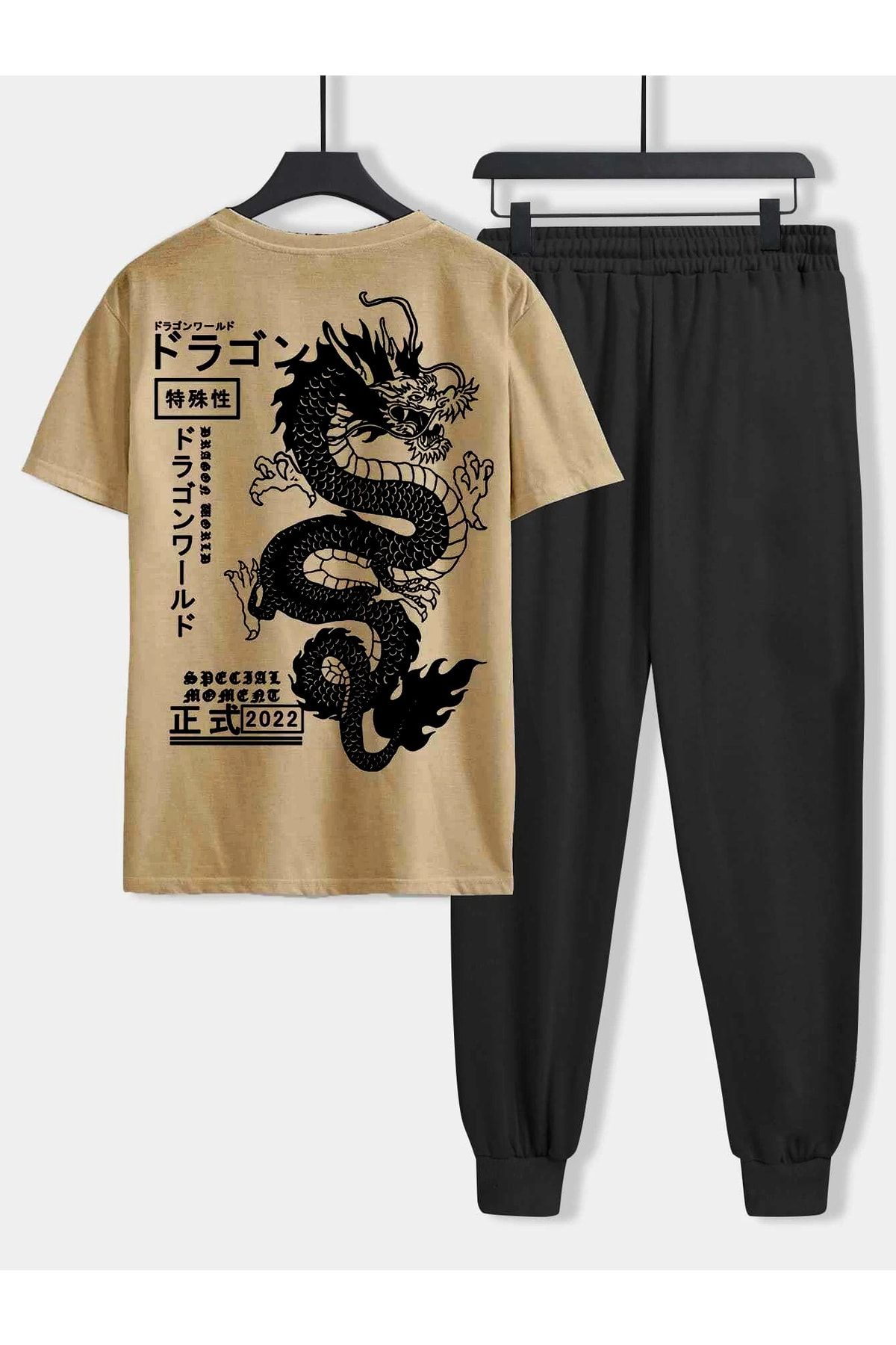 DUBU BUTİK Dragon Vizon T-shirt Siyah Eşofman Altı Jogger- Baskılı Alt Üst Eşofman Takım Oversize Bisiklet Yaka