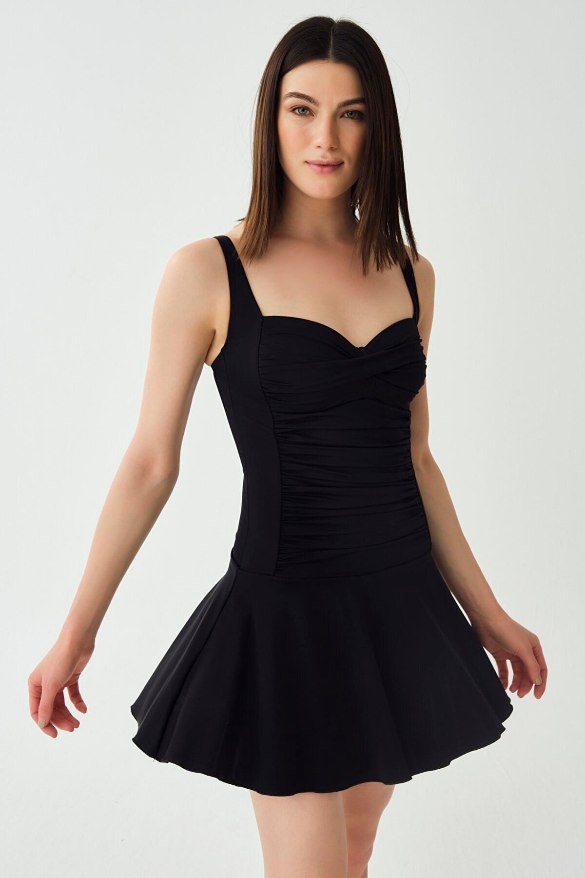 Meba Siyah Ayarlanabilir Askılı Büzgülü Toparlayıcı Incelten Etkili Drapeli Elbise Etek Mayo