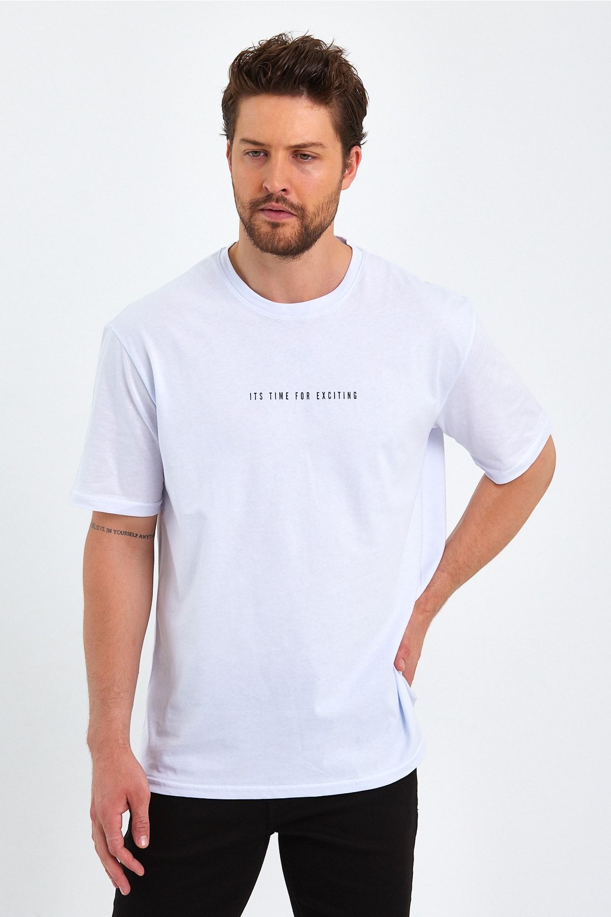 COMEOR Erkek Beyaz Baskılı Basic Oversize Bisiklet Yaka Kısa Kollu T-shirt