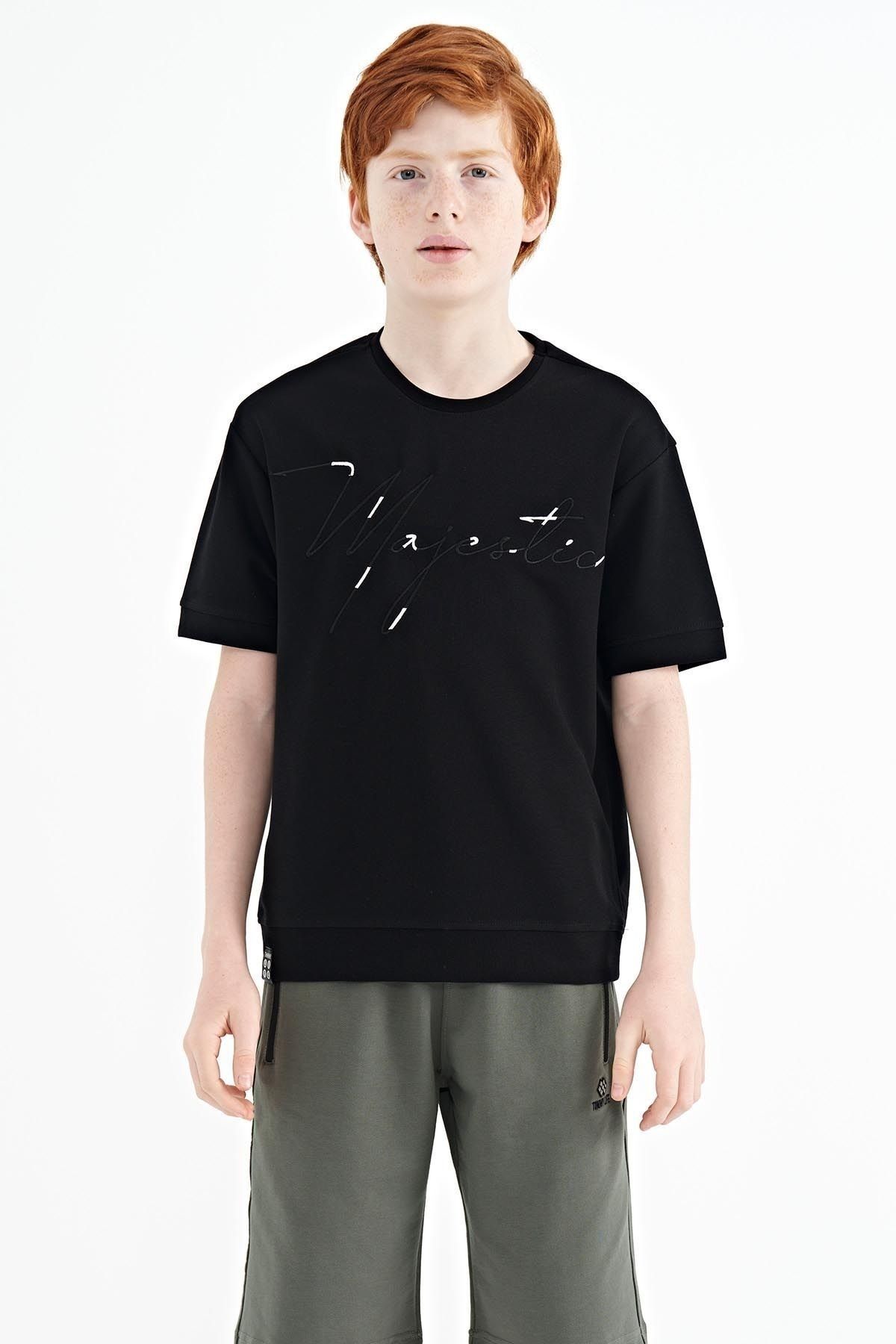 TOMMY LIFE Siyah Ön Yazı Nakışlı O Yaka Oversize Erkek Çocuk T-shirt - 11147