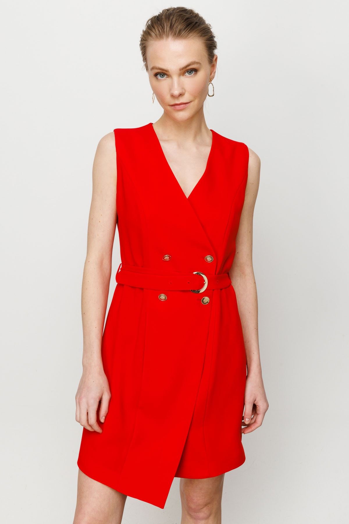 Ekol Kadın Kruvaze Yaka Elbise 3210 Kırmızı