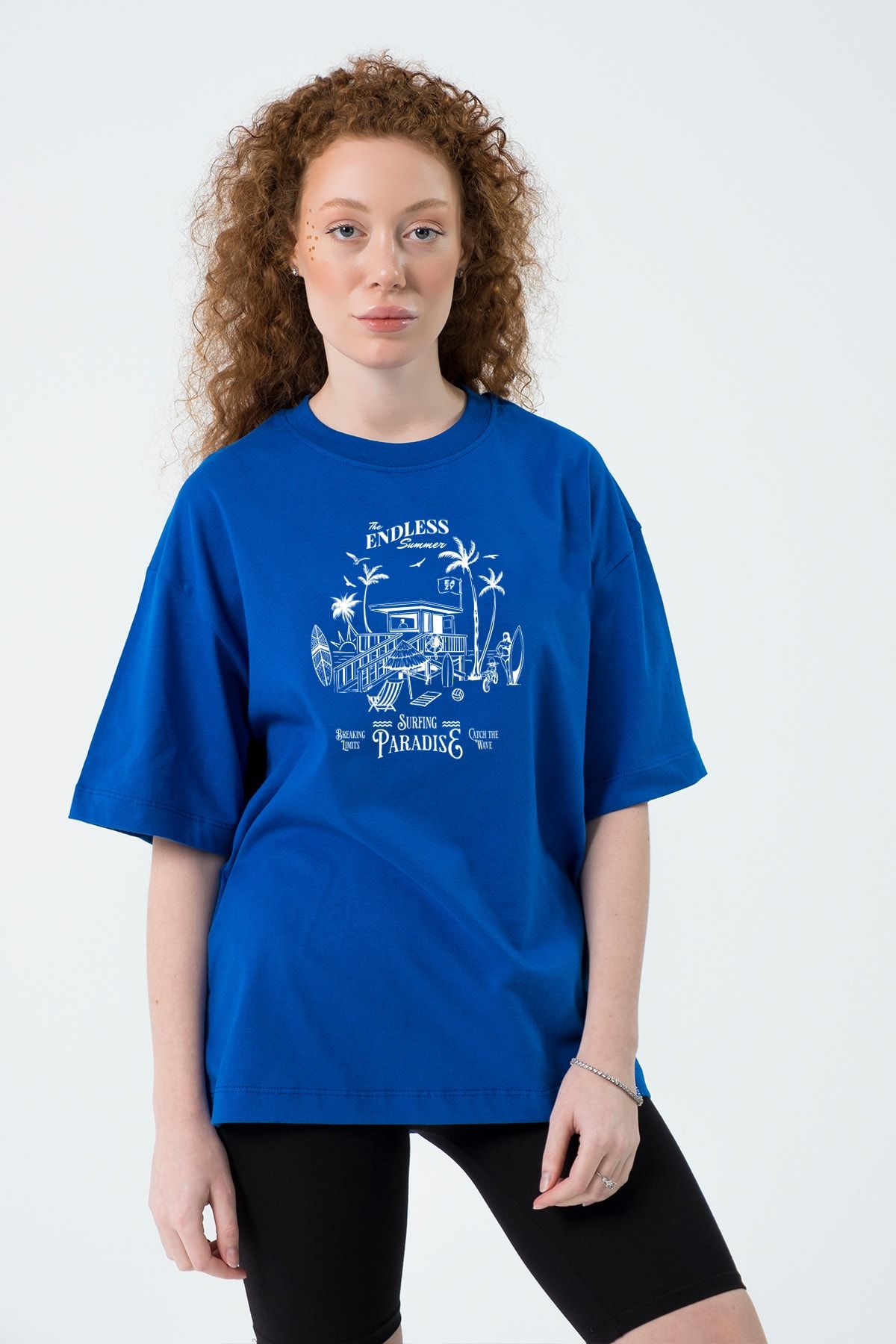 Eazy Co Surfing Paradise Saks Mavi Unisex Extra Oversize Kısa Kollu T-shirt