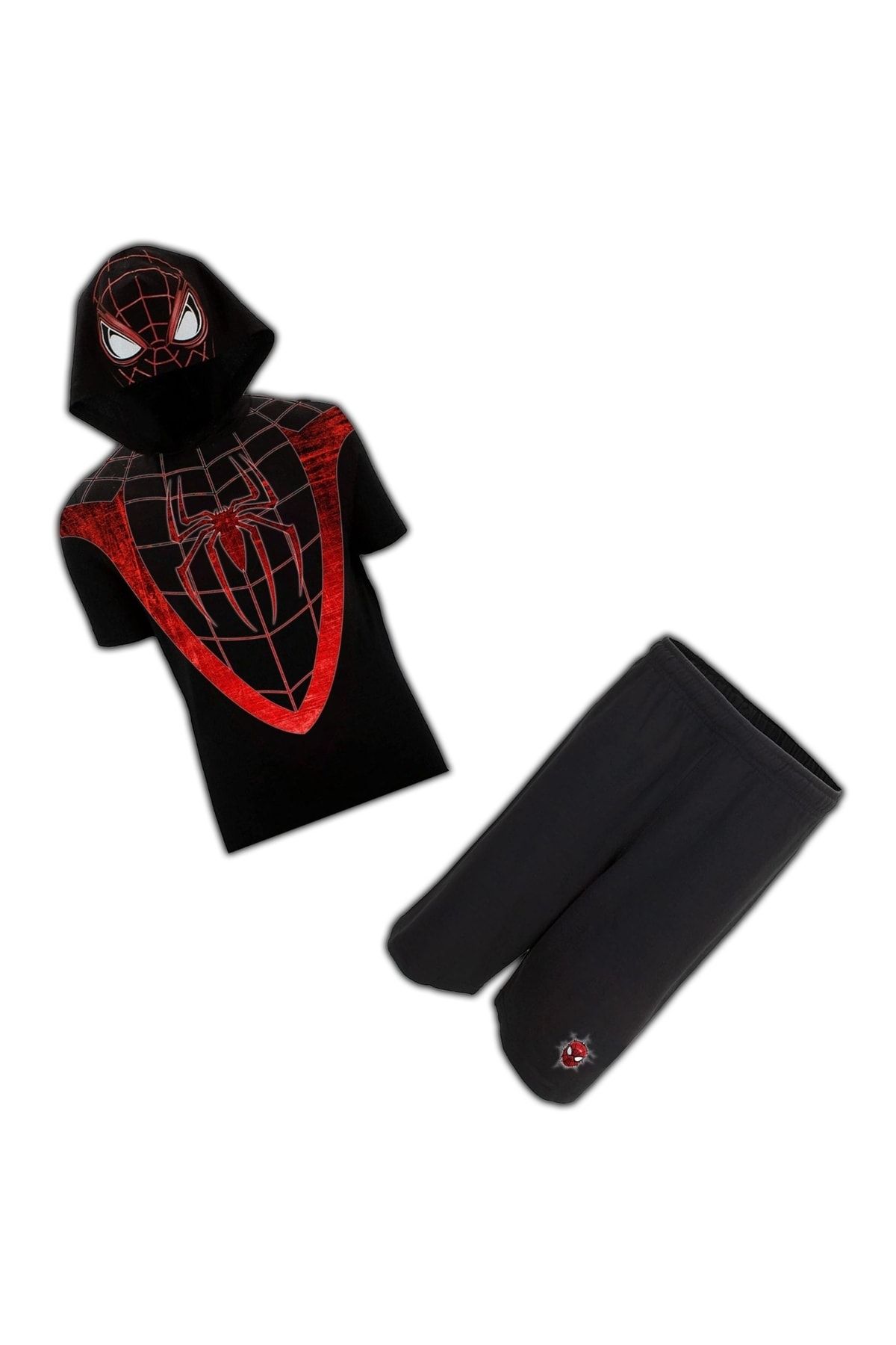 Spiderman Örümcek Adam Kostüm Kısa Kollu Tshirt Kapşonlu Ve Şortlu Takım Kostüm