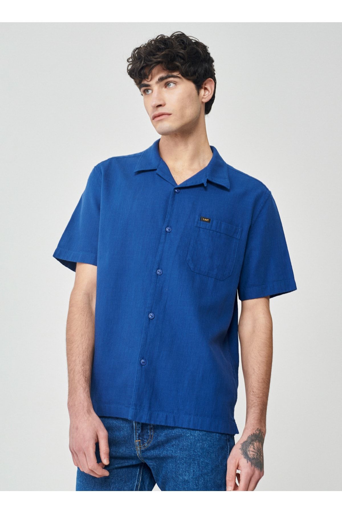 Lee Gömlek Yaka Mavi Erkek T-shirt L67pldla_kısa Kollu Gömlek