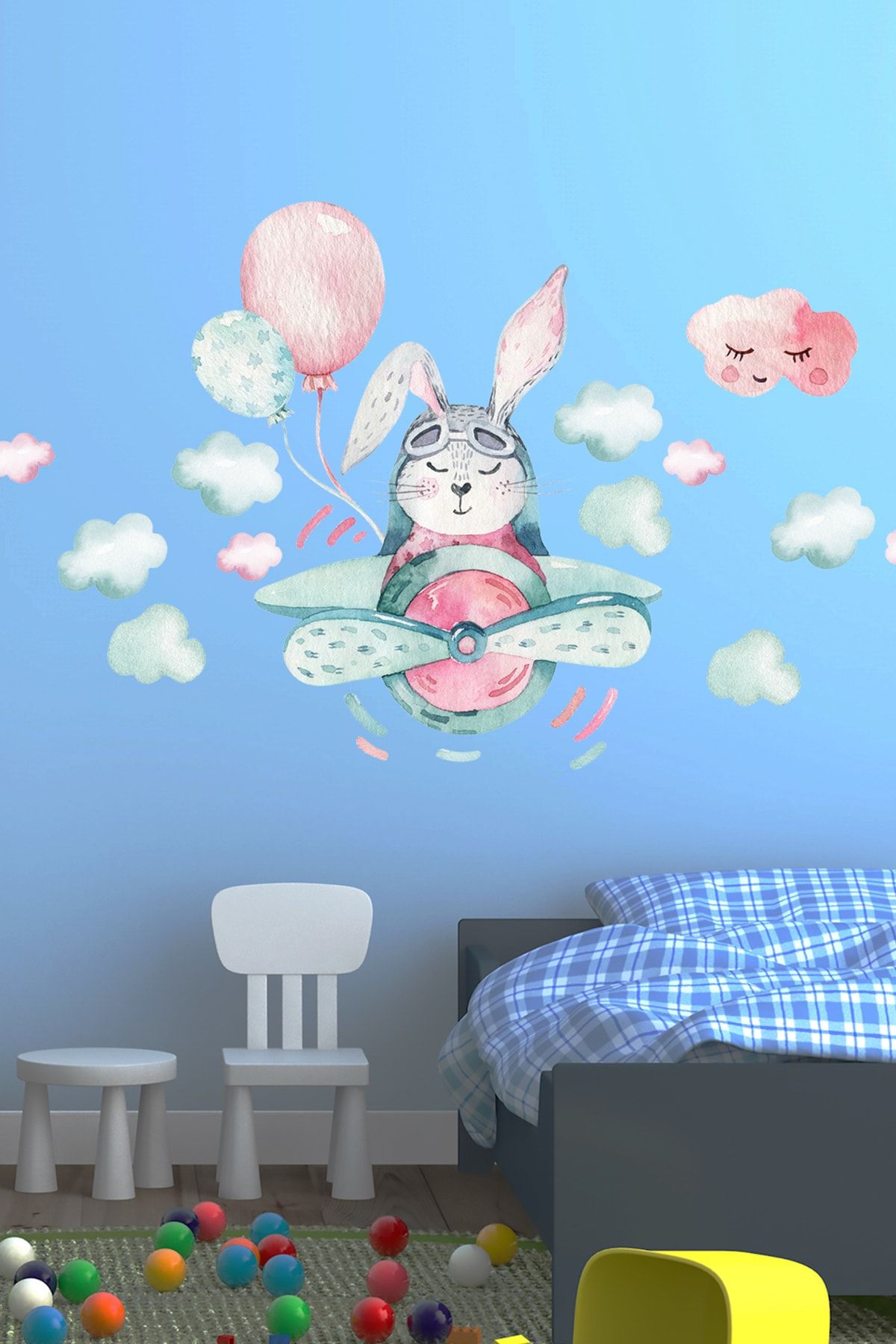 Sim Tasarım Sevimli Pilot Tavşan Duvar Sticker Seti
