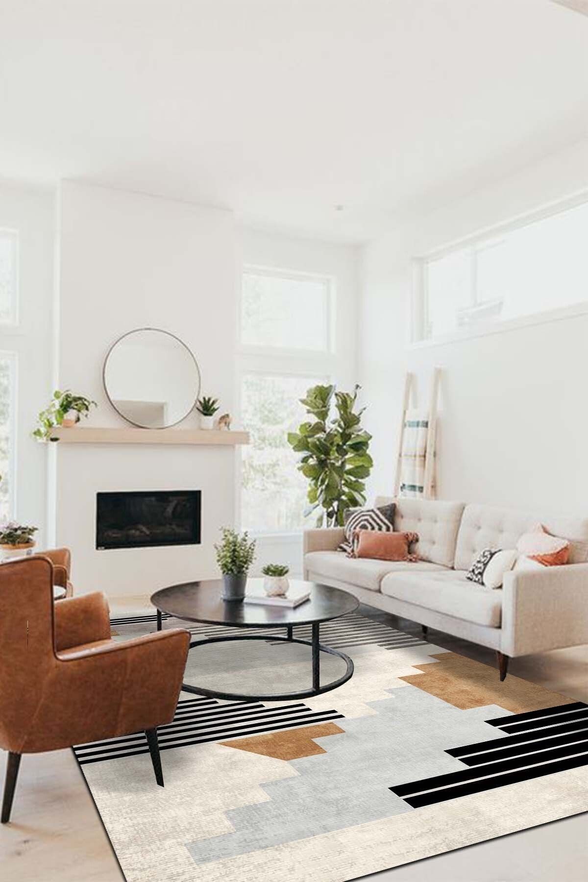 AIDA HOME Carie Kadife Desenli Pamuk Tabanlı Yıkanabilen Kaydırmaz Antibakteriyel Salon Halısı