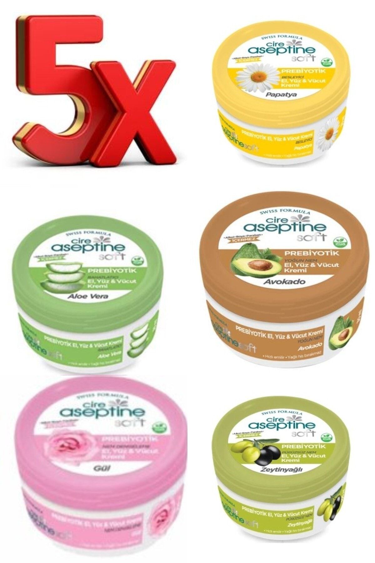 Cire Aseptine 5 Adet X Soft Prebiyotik El, Yüz & Vücut Kremi 30 Ml