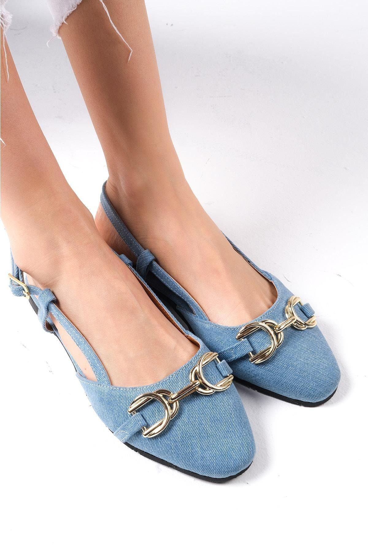 Mio Gusto Delphine Mavi Renk Denim Kumaş Arkası Açık Kadın Düz Kot Babet Ayakkabı