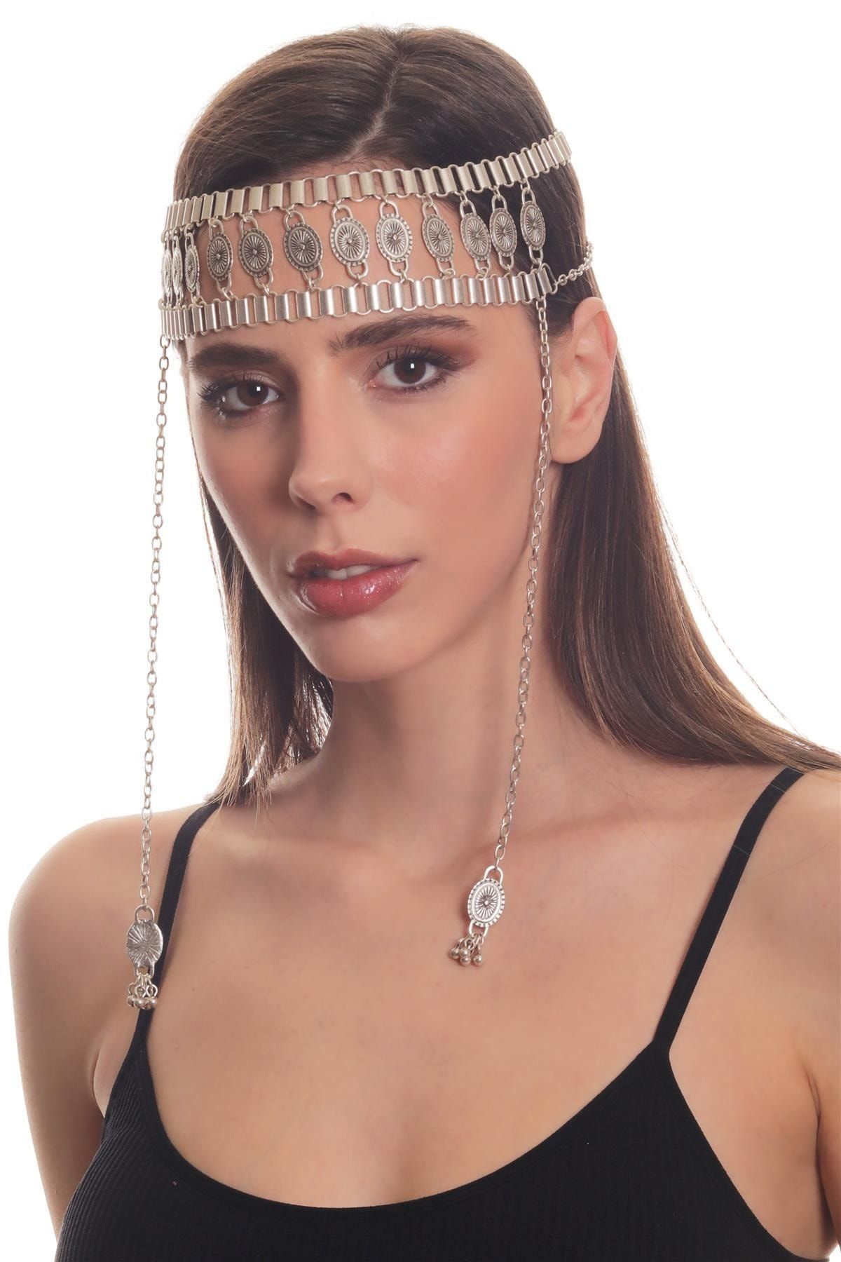 LABALABA Kadın Antik Gümüş Kaplama Zincirli Geniş Bant Tasarım Saç Zinciri