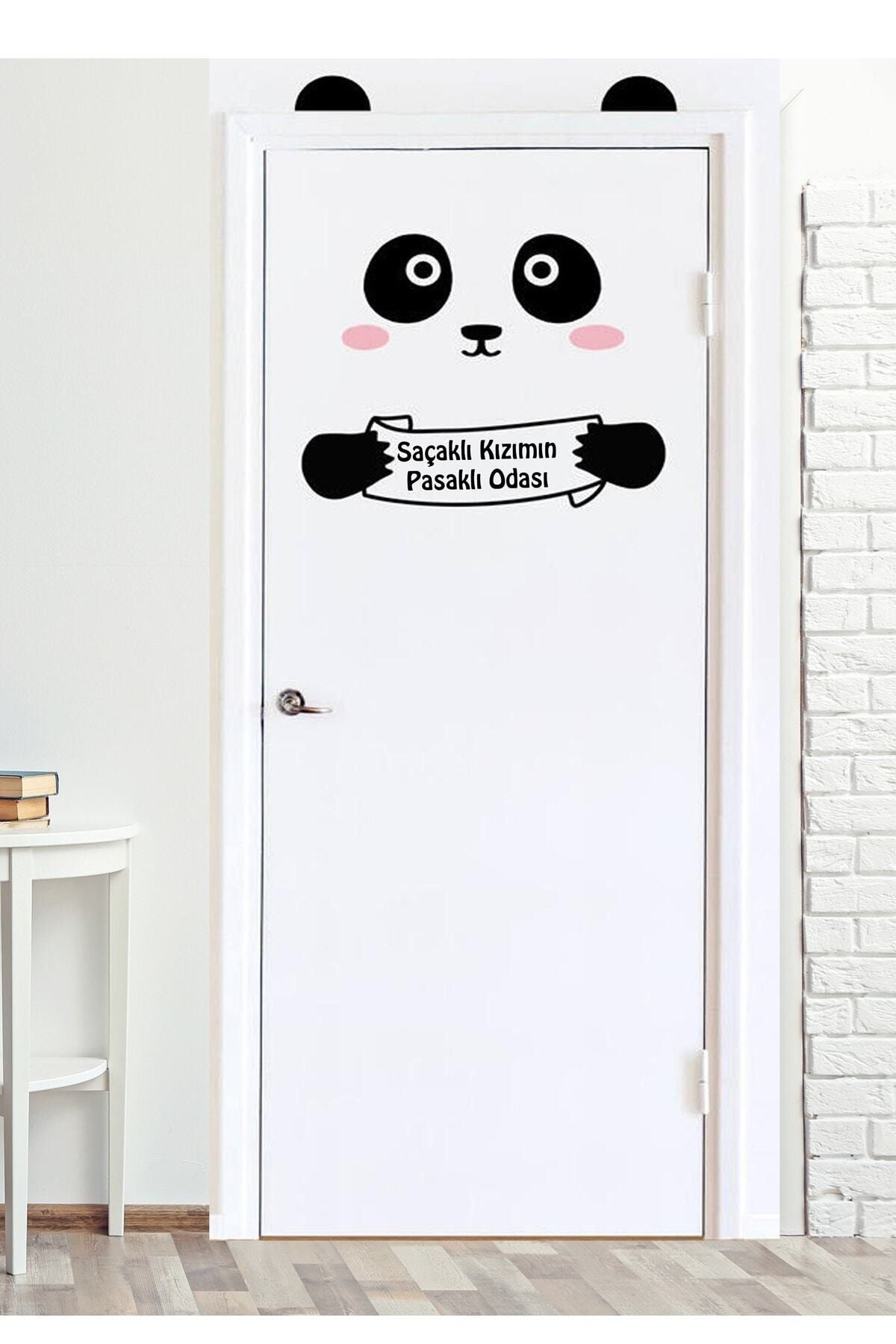 Sim Tasarım Siyah Panda Saçaklı Kızımın Pasaklı Odası   Kapı Sticker  Sim03