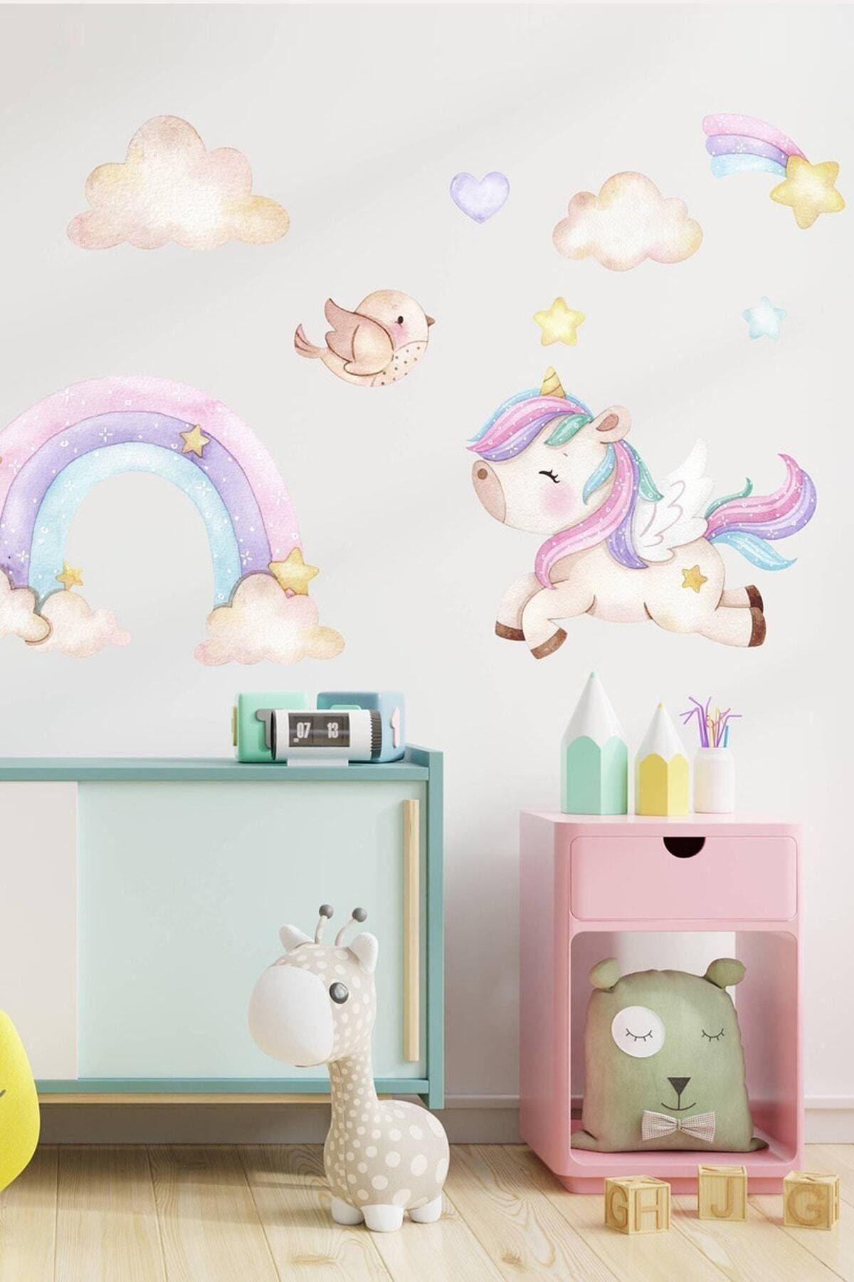 Sim Tasarım Pastel Unicorn - Gökkuşağı Kuşlar Ve Kalpler Duvar Sticker Seti - Sim756