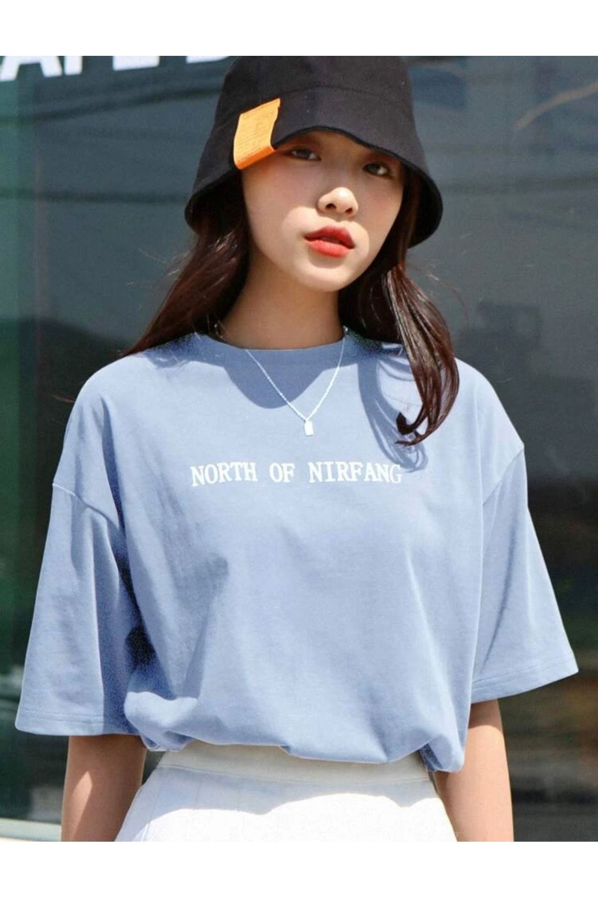 AFROGİYİM Kadın North Of Baskılı Oversize T-shirt