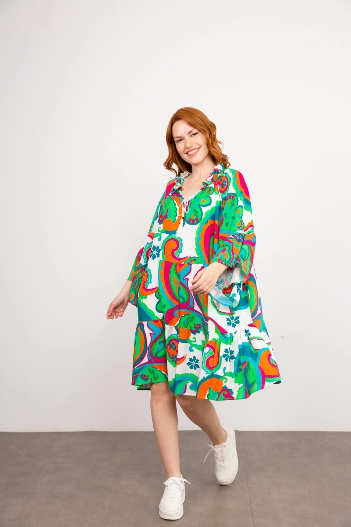 Sue Store Renkli Yakası Püsküllü Salaş Elbise