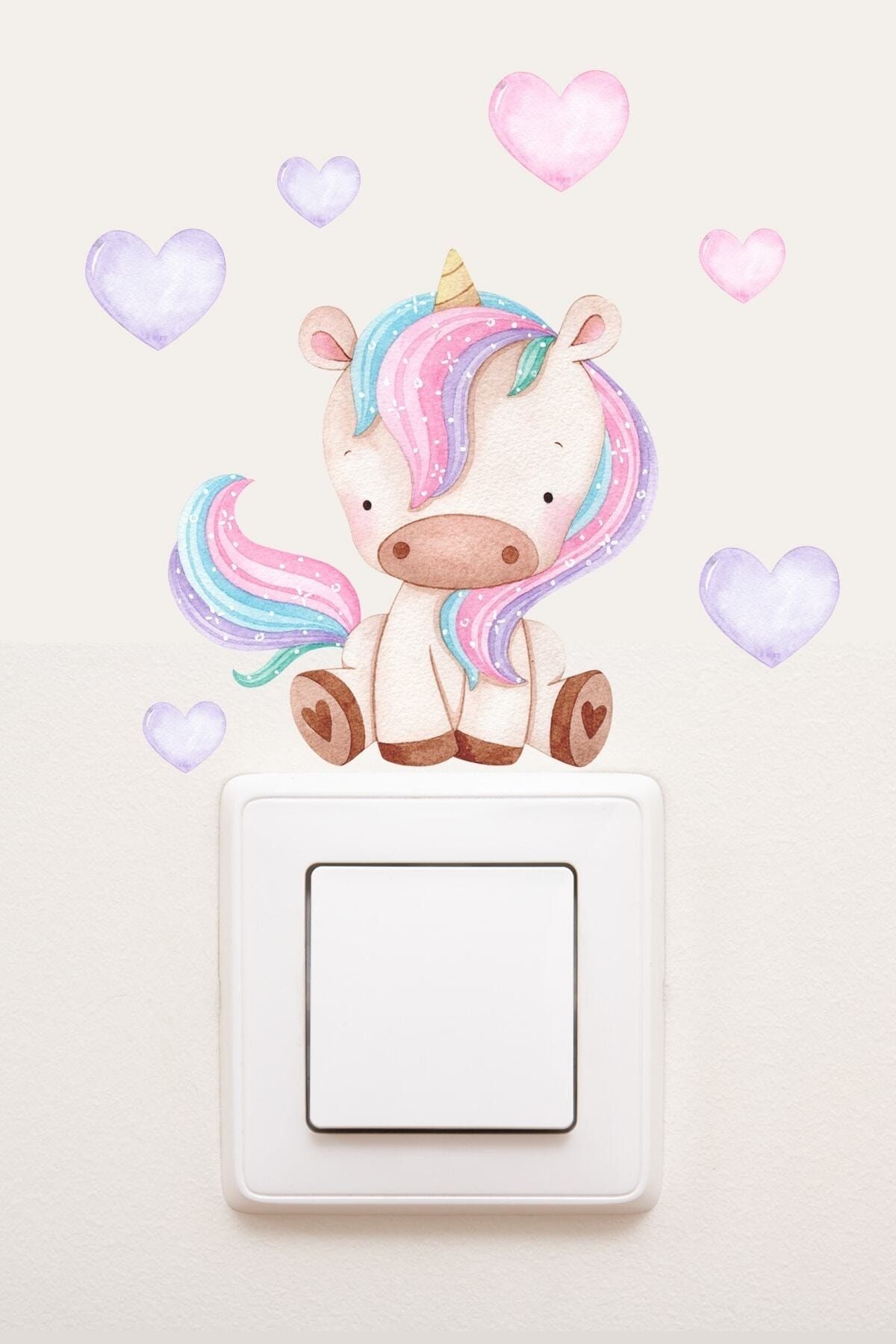 Sim Tasarım - Priz - Pastel Unicorn Ve Kalpler Dekoratif Priz Sticker - Sim754