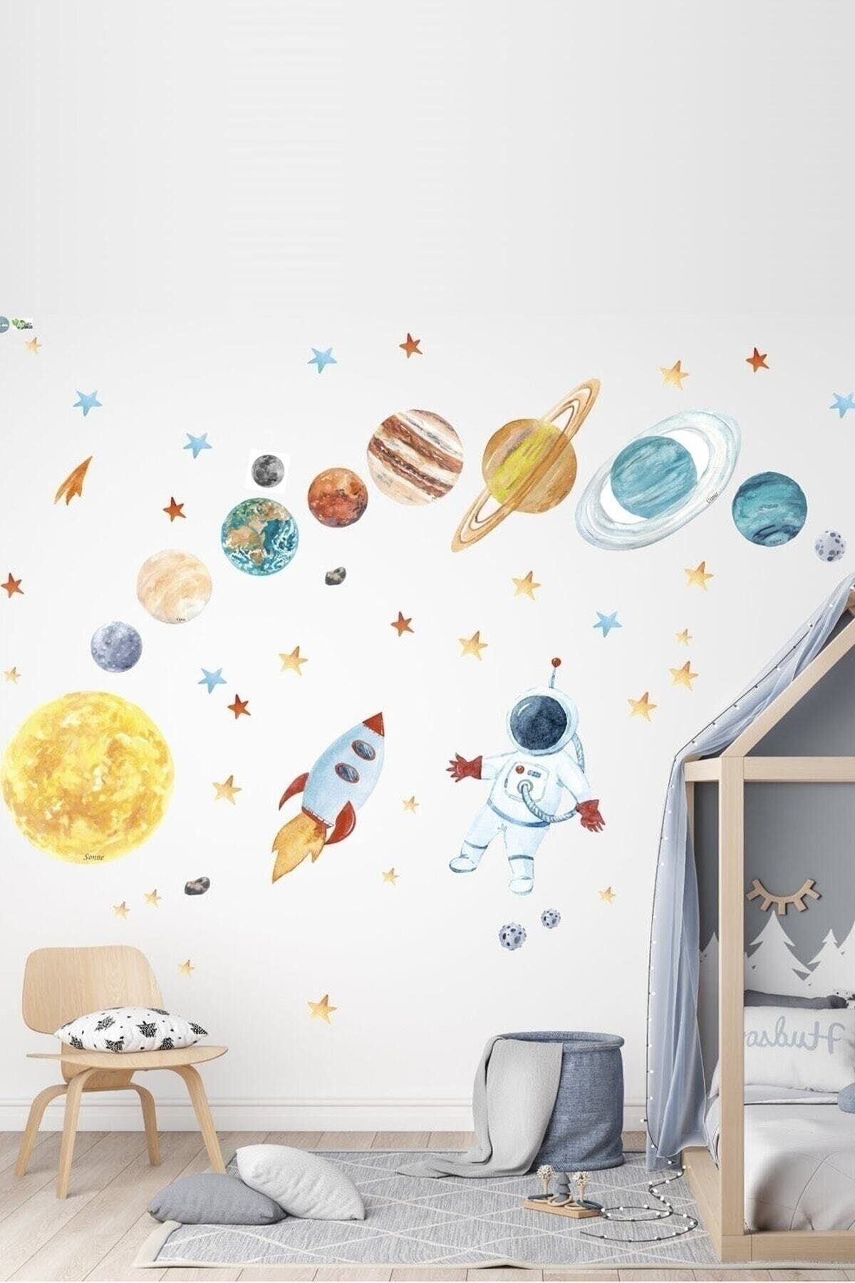 Sim Tasarım Astronot Ve Gezegenler Mega Set Duvar Sticker