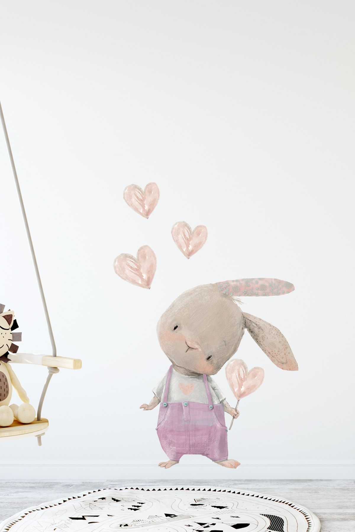 Sim Tasarım Sevimli Kalpli Tavşan Pembe Tulumlu Duvar Sticker Seti