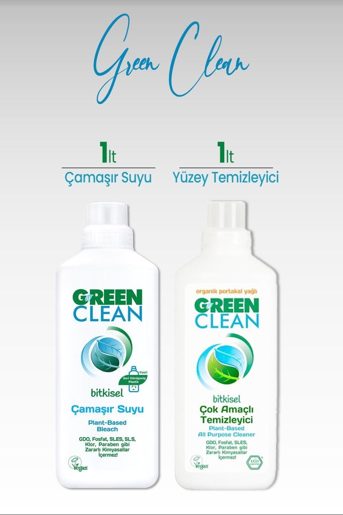 Green Clean U Bitkisel Çamaşır Suyu 1 L ve Yüzey Temizleyici 1 L
