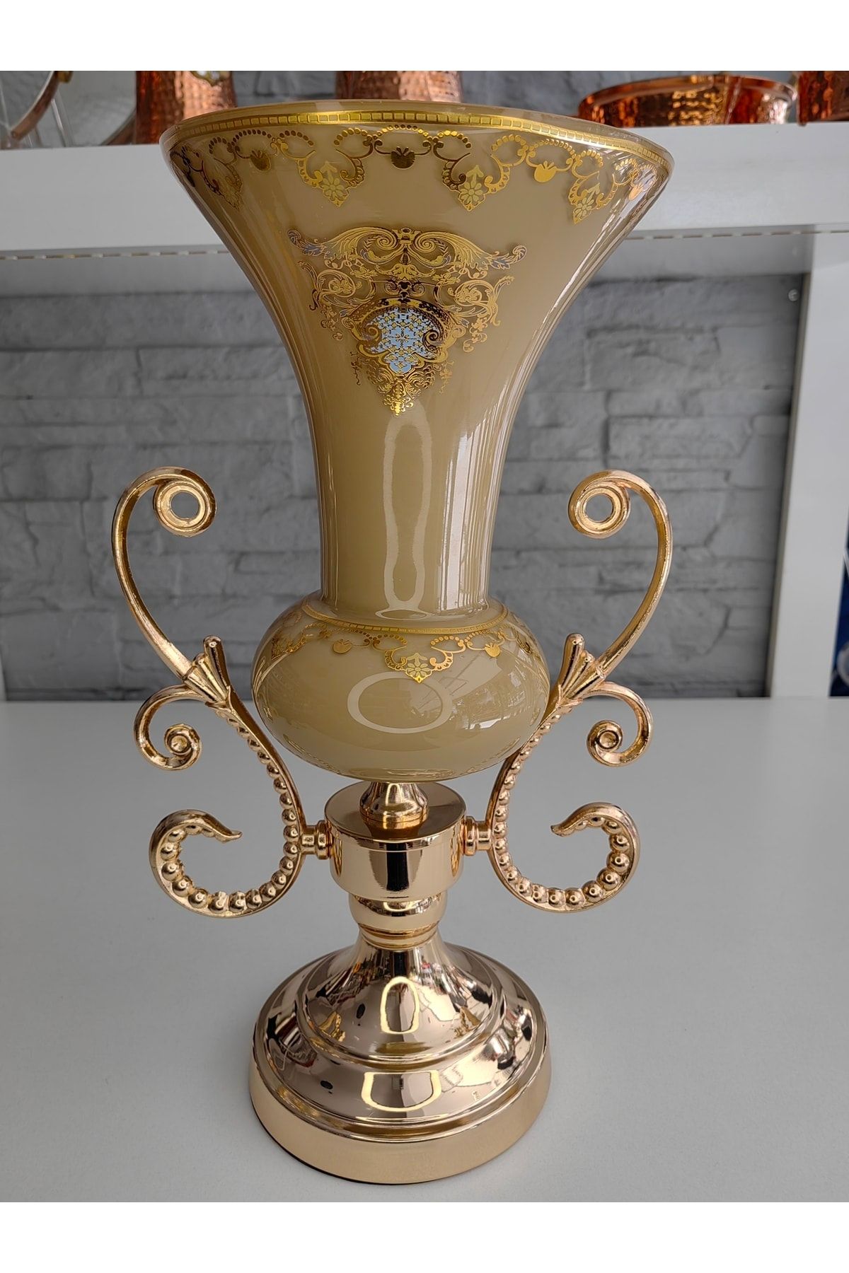 ALANYA HOME DECOR Lüks Orijinal Vazo Cam Gövde Altın Metal Ayak 40cm Luxury Original Vase Glass Body Gold Metal Foot