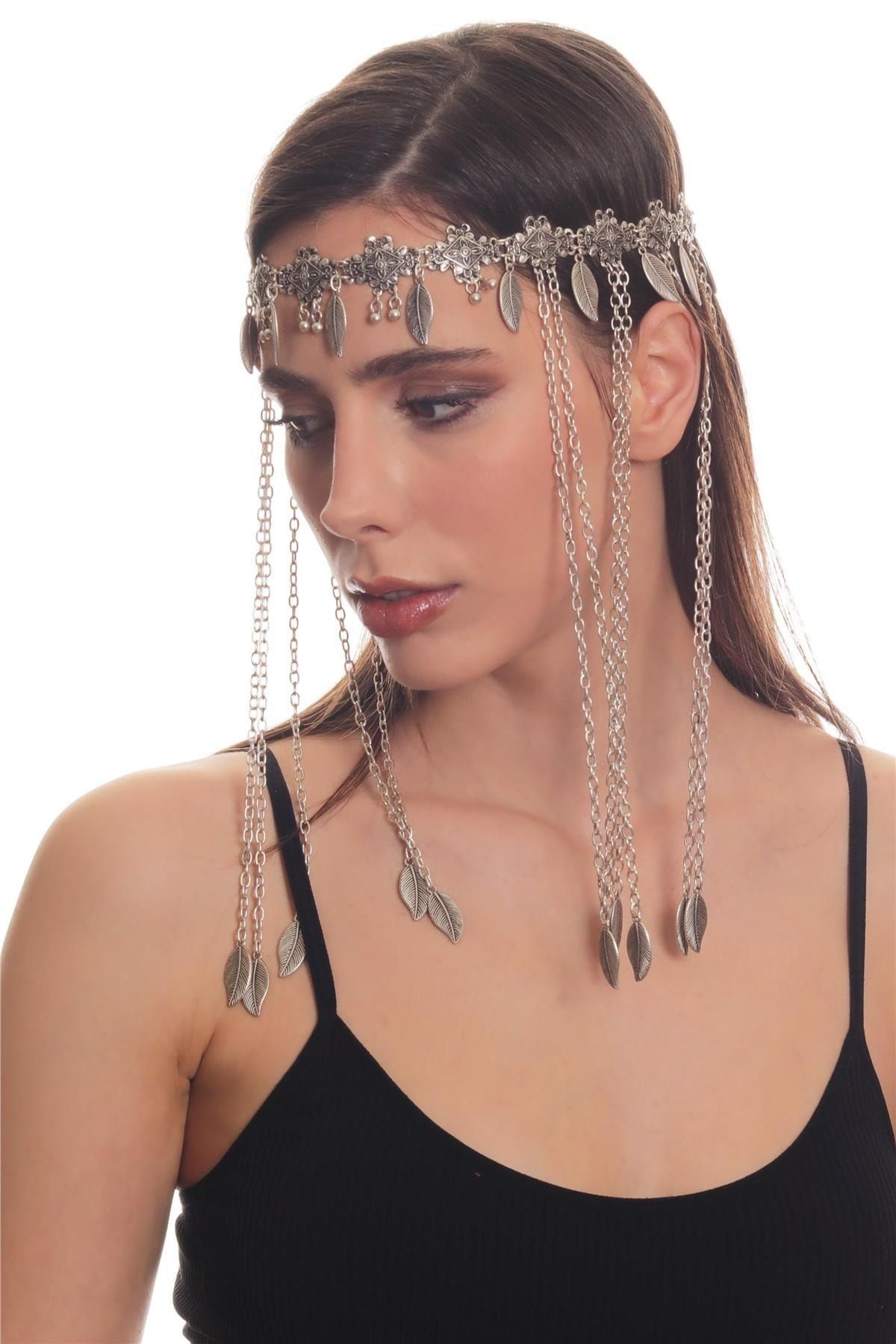 LABALABA Kadın Antik Gümüş Kaplama Zincirli Yaprak Charm Detaylı Tasarım Saç Zinciri