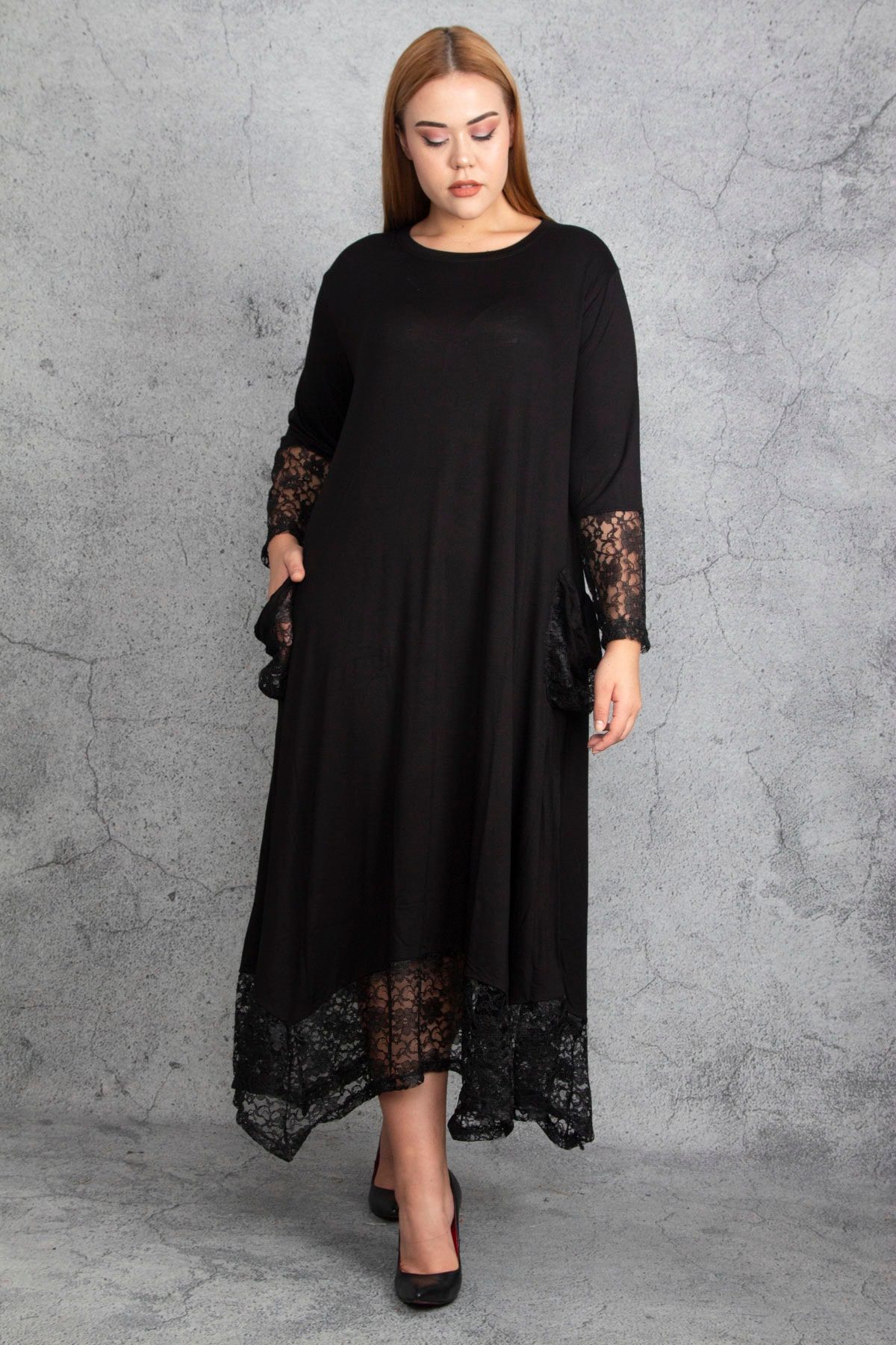 Şans Kadın Büyük Beden Siyah Dantel Detaylı Viskon Uzun Kollu Elbise 65n18911