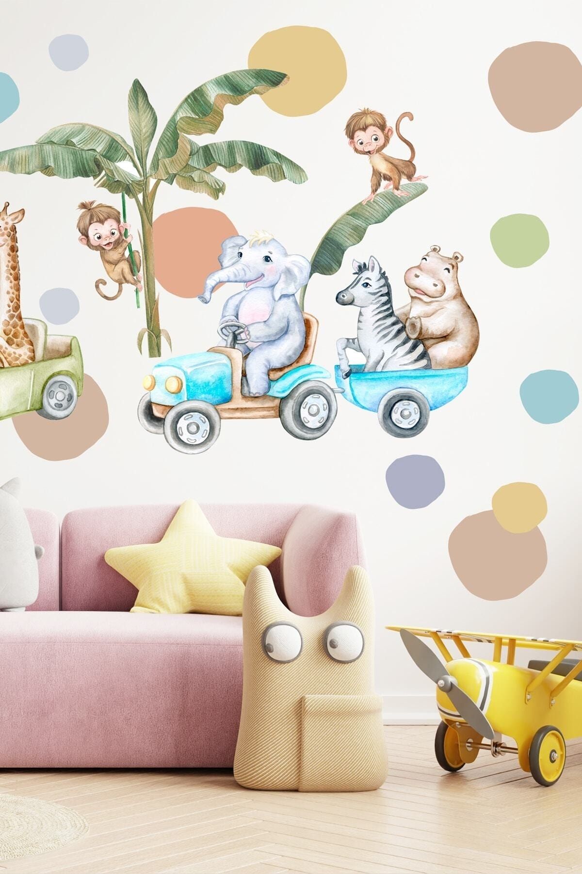 Sim Tasarım Neşeli Hayvanları Safari Turunda Çocuk Odası Duvar Sticker Seti - Sim700