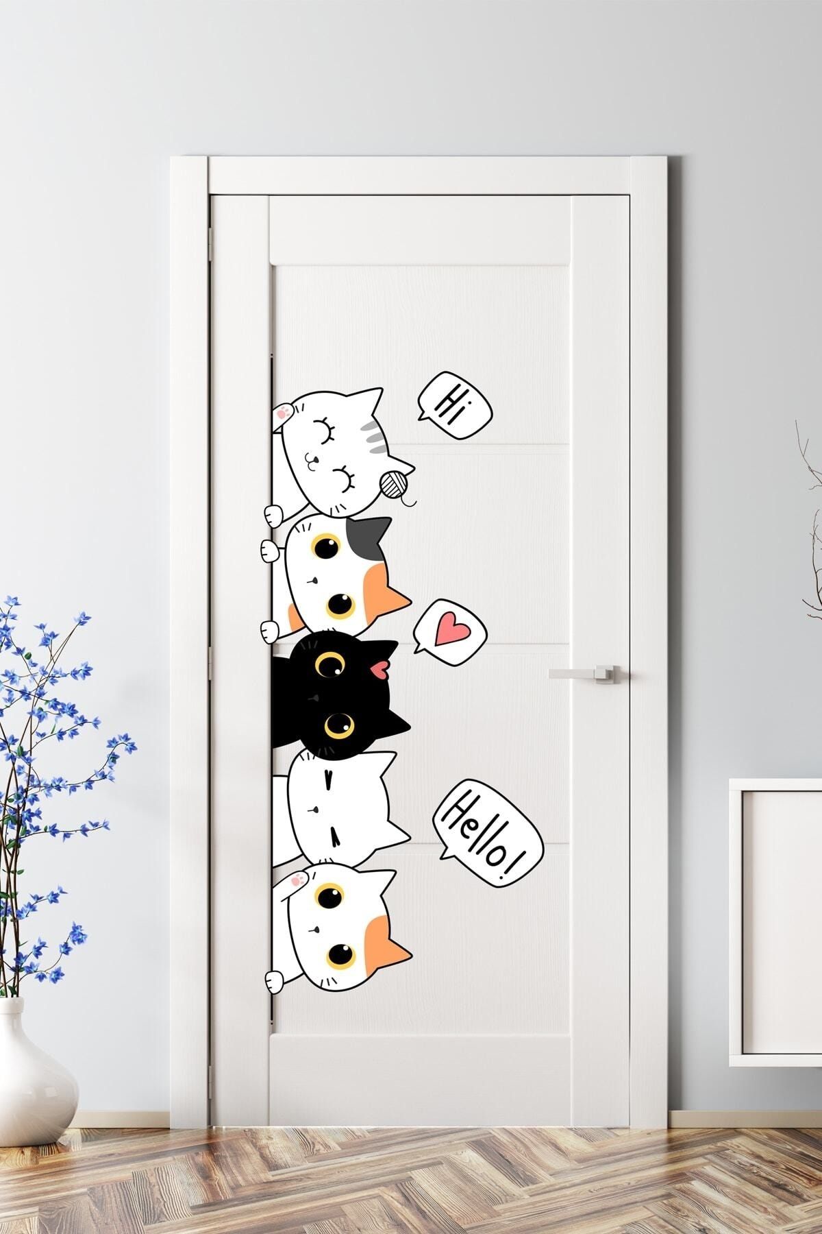 Sim Tasarım Sevimli Kediler Kapı Duvar Çocuk Odası Sticker - Sm210