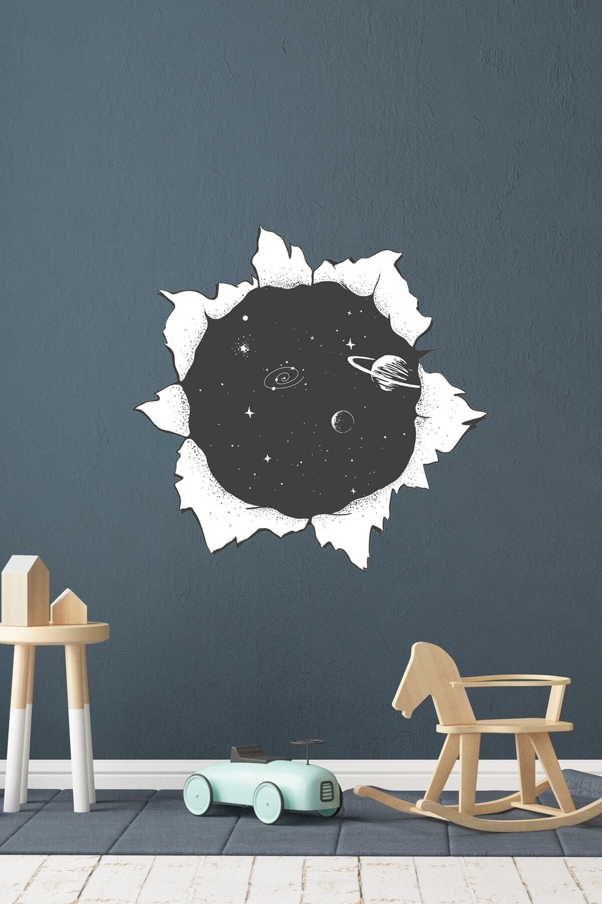 Sim Tasarım Siyah Beyaz Kırık Duvar Gezegen Galaksi Duvar Sticker