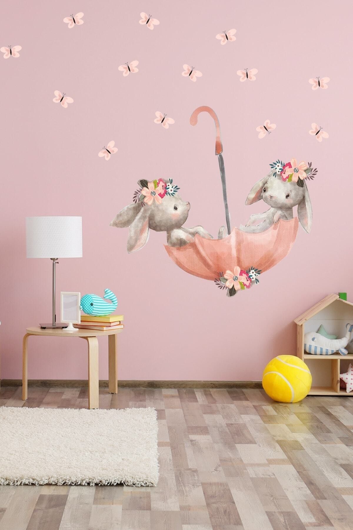 Sim Tasarım Şemsiyeli Tavşanlar Duvar Sticker Set