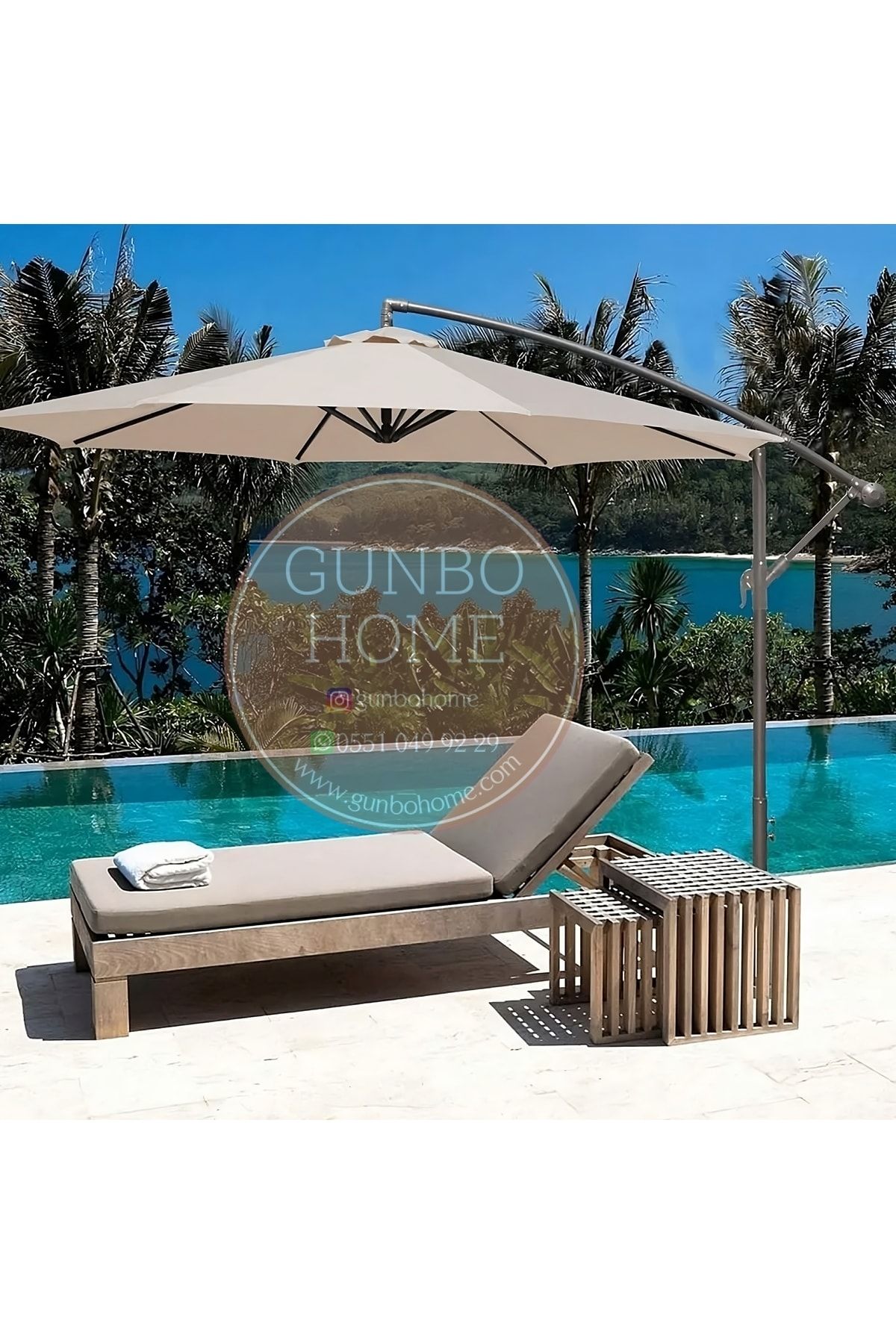 GUNBO HOME 3 Metre EKRU Renk Bahçe Teras Şemsiyesi Suya dayanıklı UV 50 + Faktöriyel Güneş Korumalı Açılı
