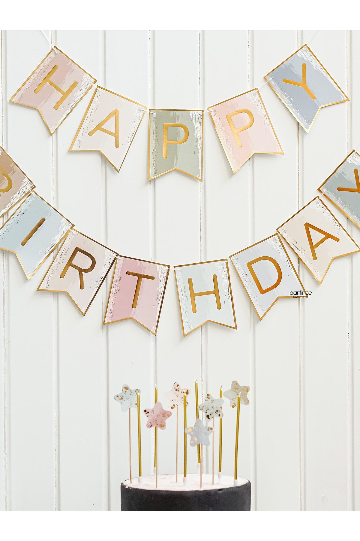 partince 3'lü Set Happy Birthday Yazısı Banner Pastel Renk Pasta Süsleyici Cake Topper Ve Gold Mum Parti Seti