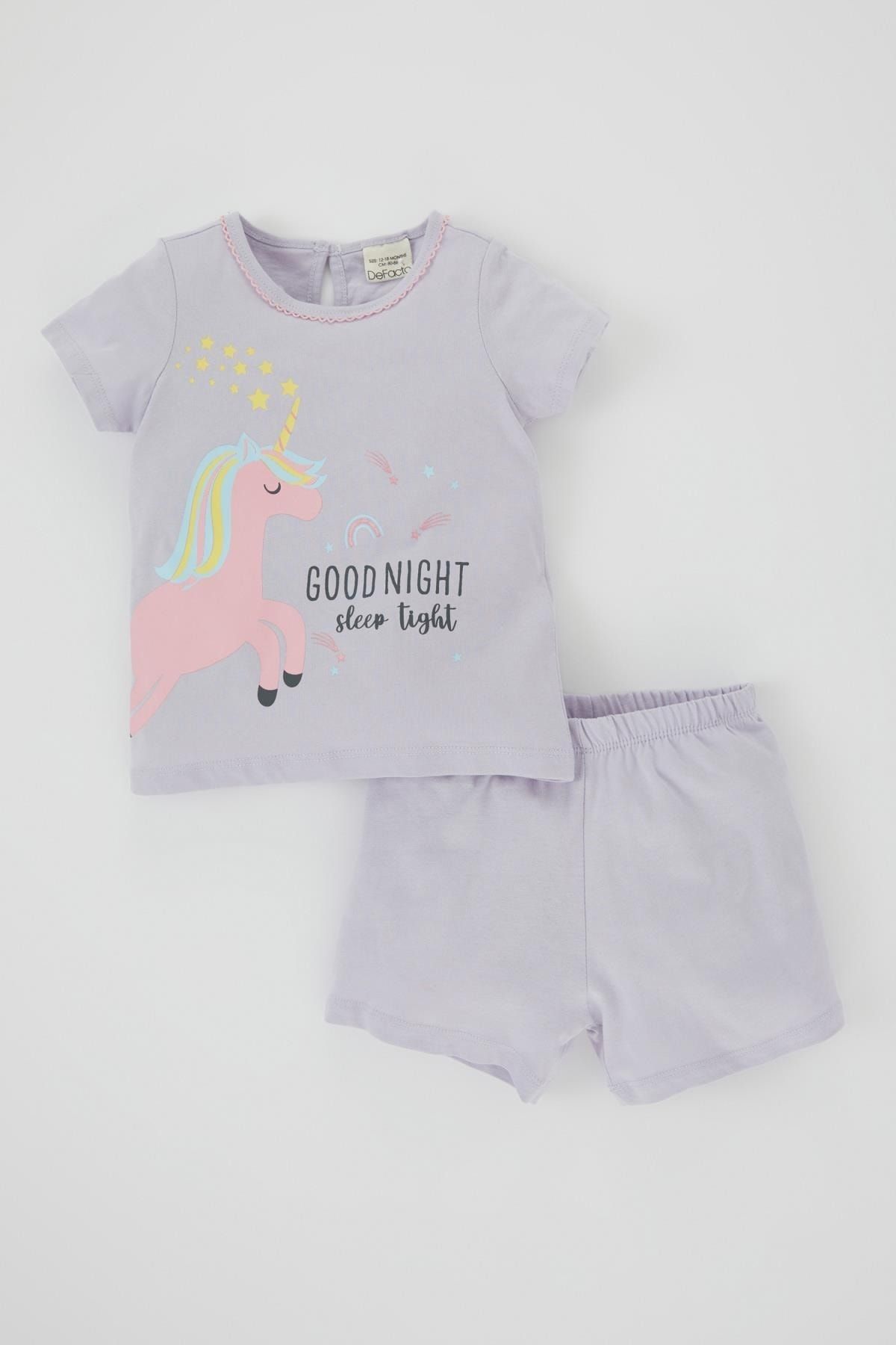 Defacto Kız Bebek Unicorn Baskılı Kısa Kollu Penye 2'li Pijama Takımı