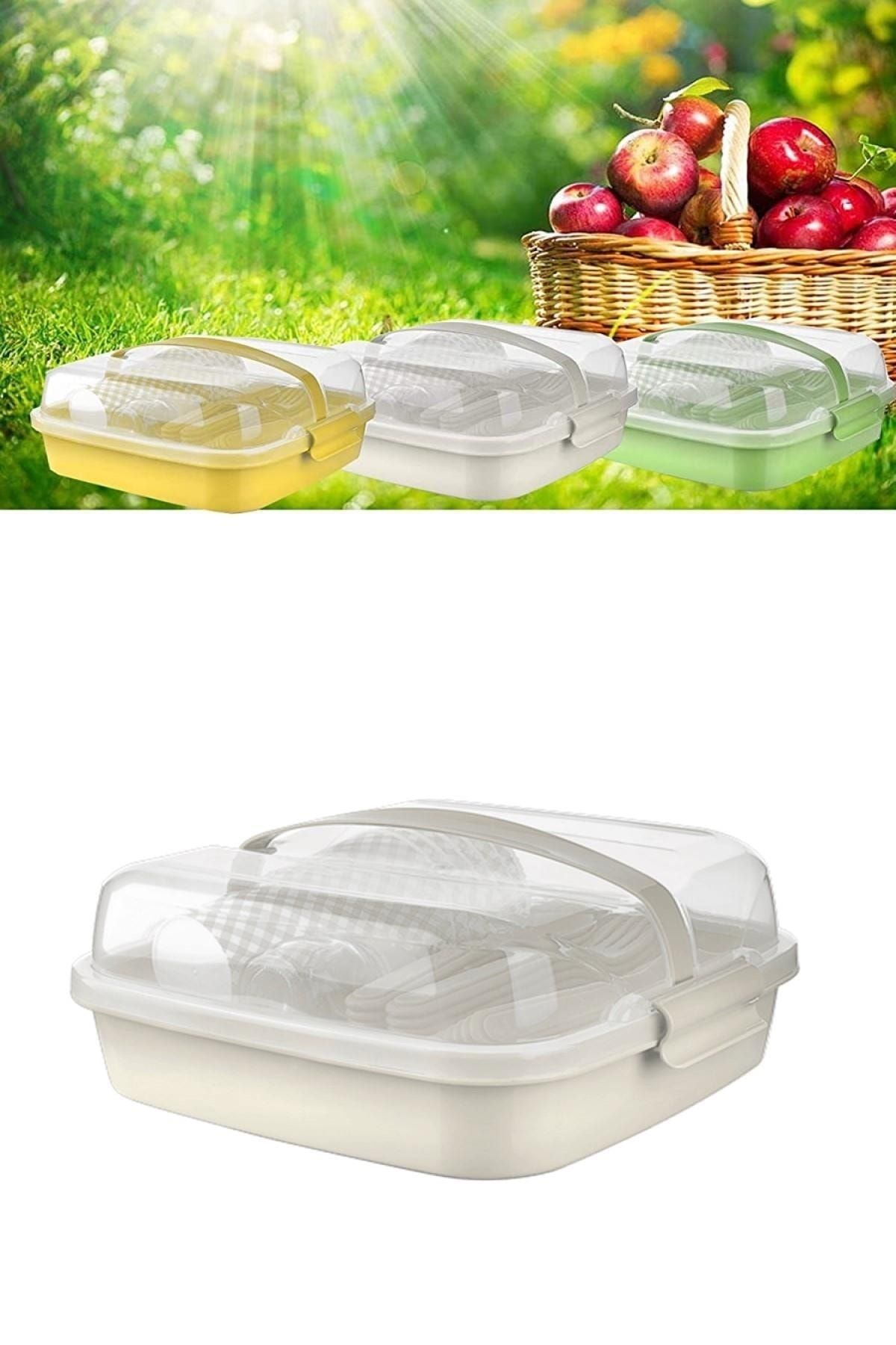MasterCar Beyaz Lovely 32 Parça Piknik Seti Içiçe Geçebilen Çatal Kaşık Bıçaklı Full Set Plastik Saklama Kabı
