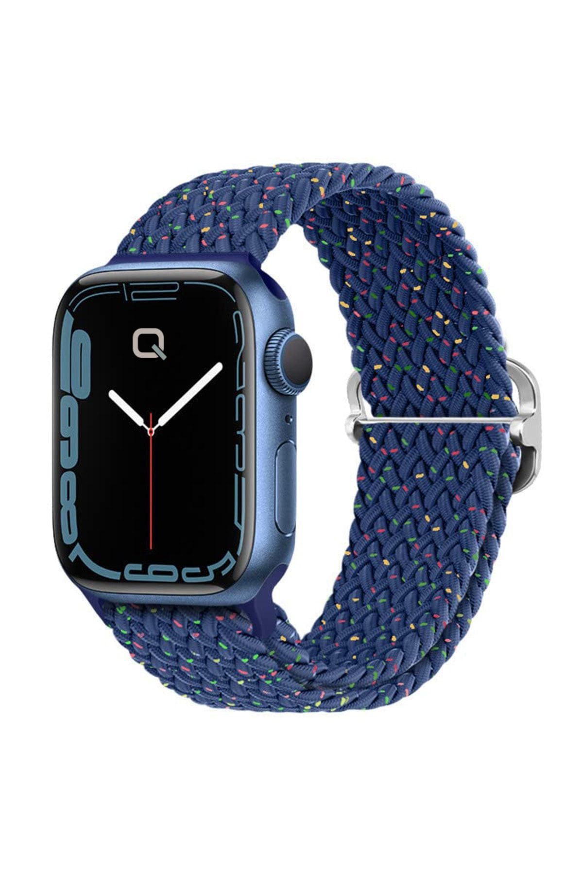 QUSE Apple Watch Seri 9 8 7 6 5 4 3 Se Ultra 45mm-44mm-42mm Ayarlanabilir Tokalı Örgü Kordon Blue Unity