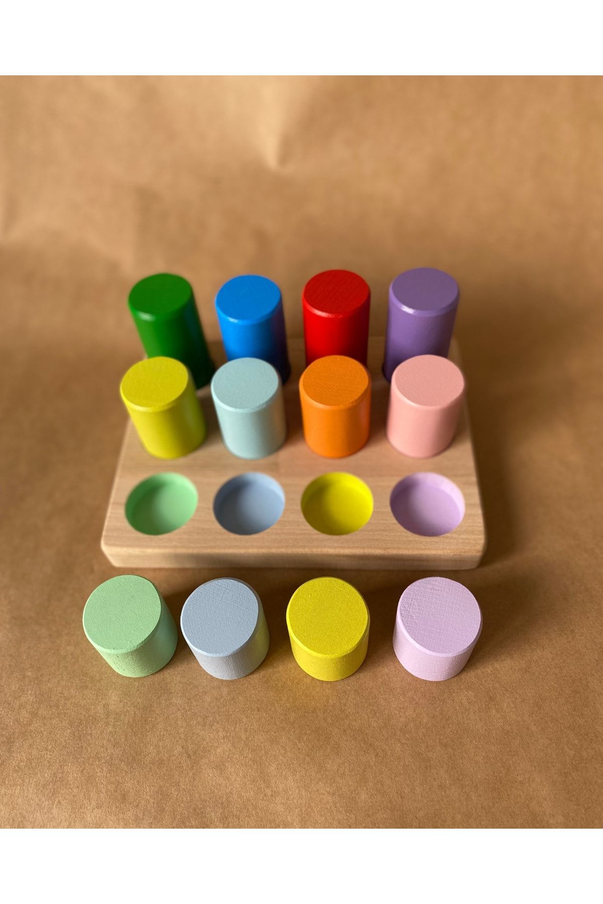 tiny wood Montessori Renk Eşleştirme Tablalı Silindir Seti Doğal Ahşap Renk Eşleştirme
