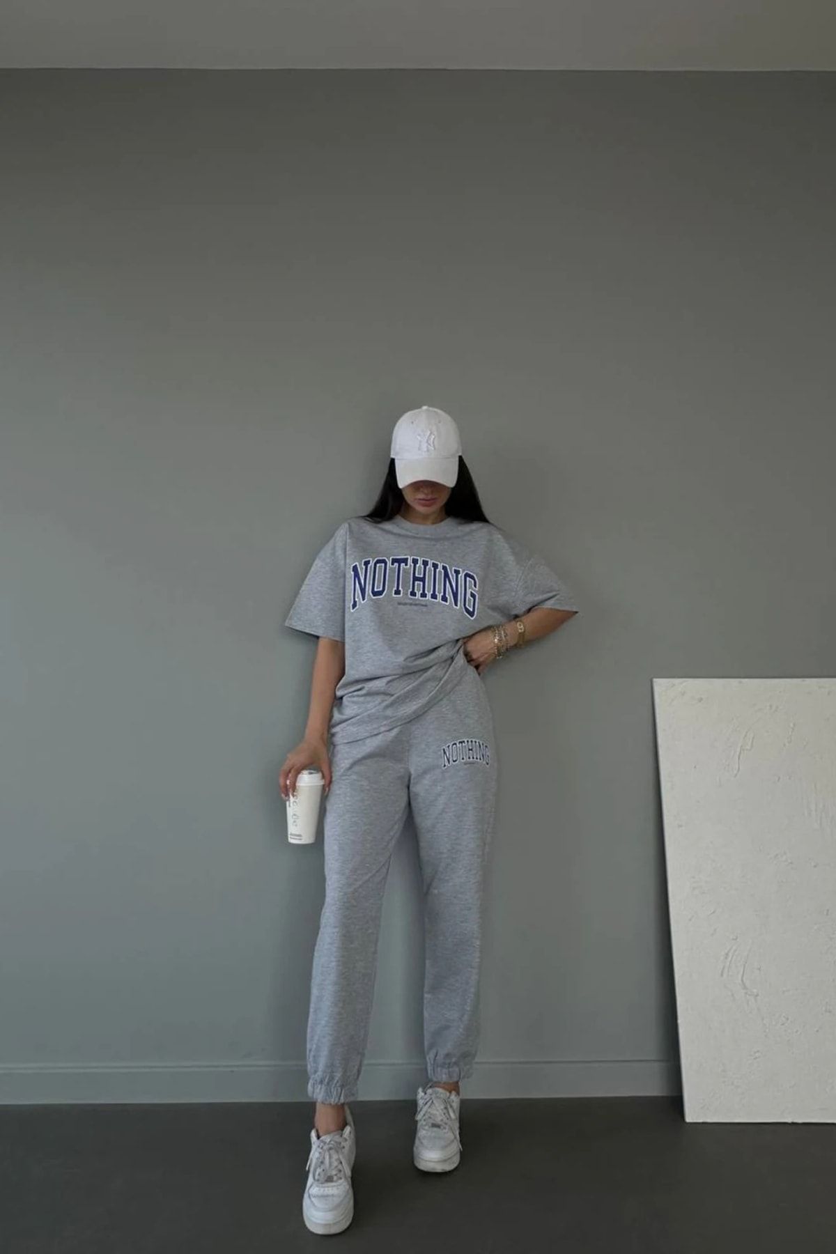 DUBU BUTİK Nothing T-shirt Eşofman Altı Jogger - Gri Baskı Alt Üst Eşofman Takımı Oversize Bisiklet Yaka