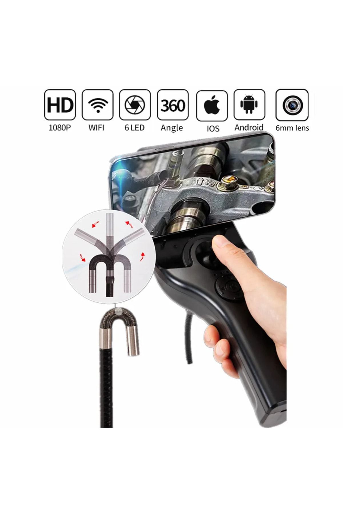 teknospy Wifi Endoskop Kamera Borescope Joystick Hareketli 2 Yön 360 ° Yılan Kamera 1 Mt