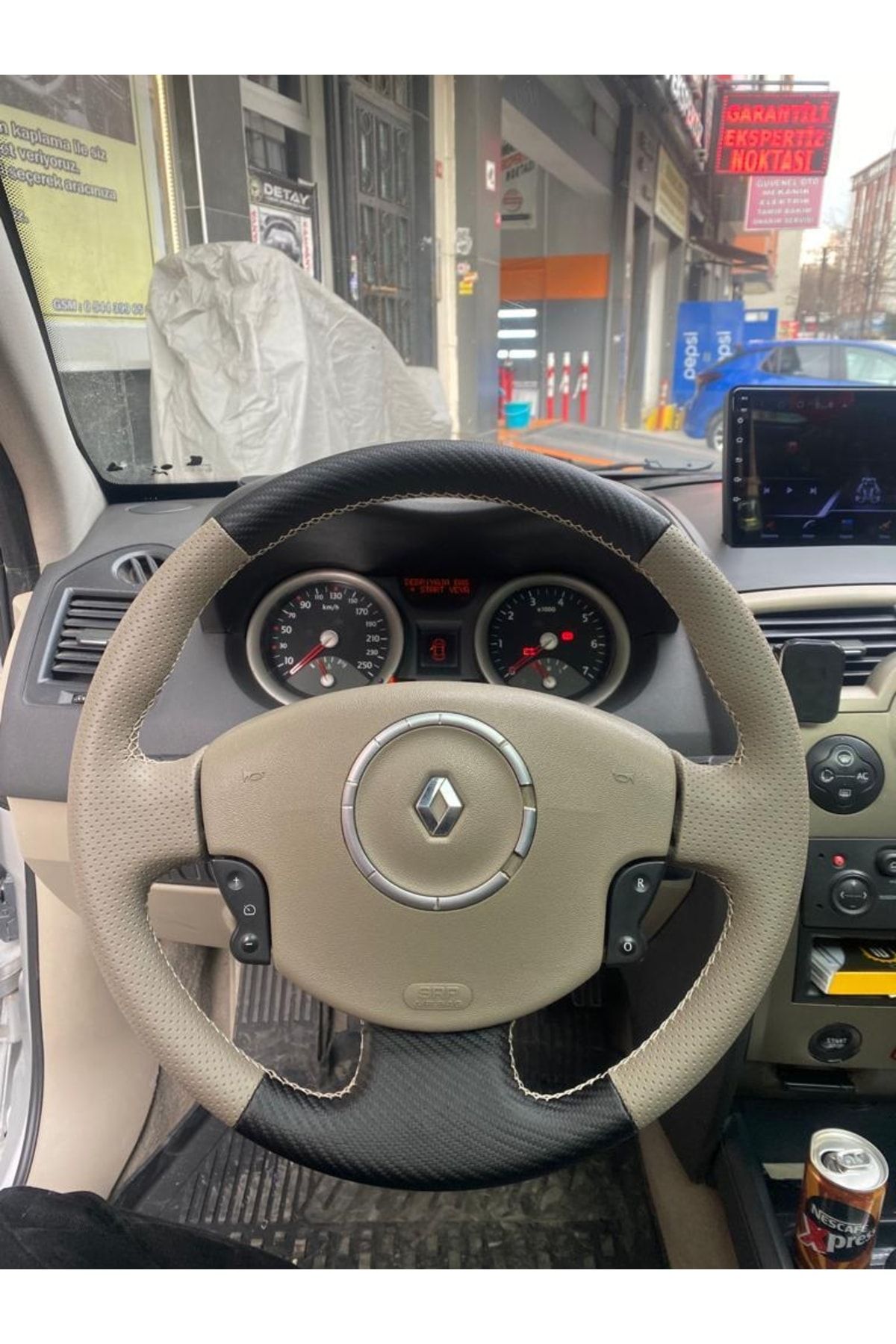 Detay Renault Megane 2-kangoo-scenic 2 Bej Karbon Desen Bej Dikiş Kılıfı Araca Özel Tam Kaplayan