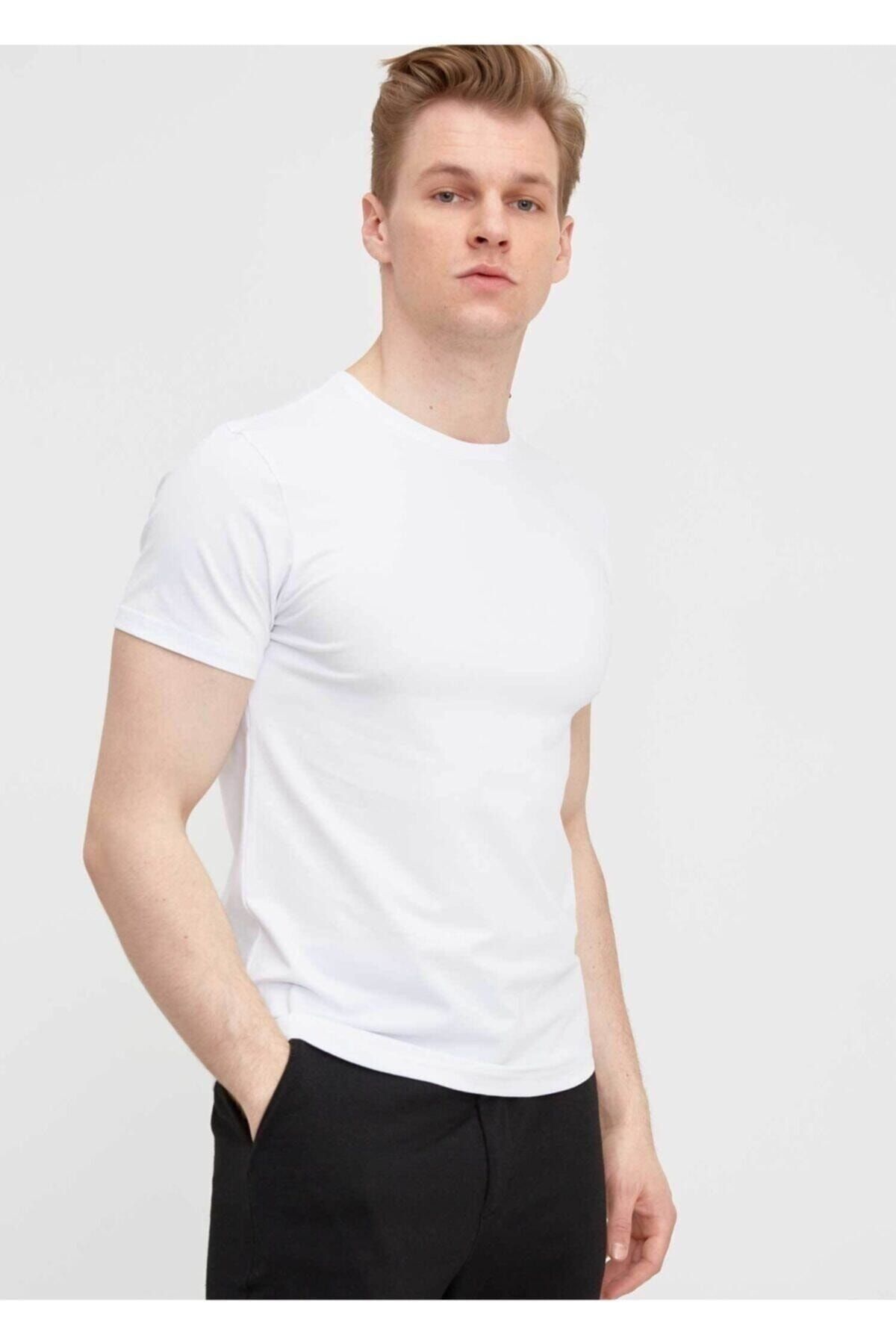 Gizavogue Erkek Beyaz Basic Pamuklu Kısa Kollu Bisiklet Yaka T-Shirt
